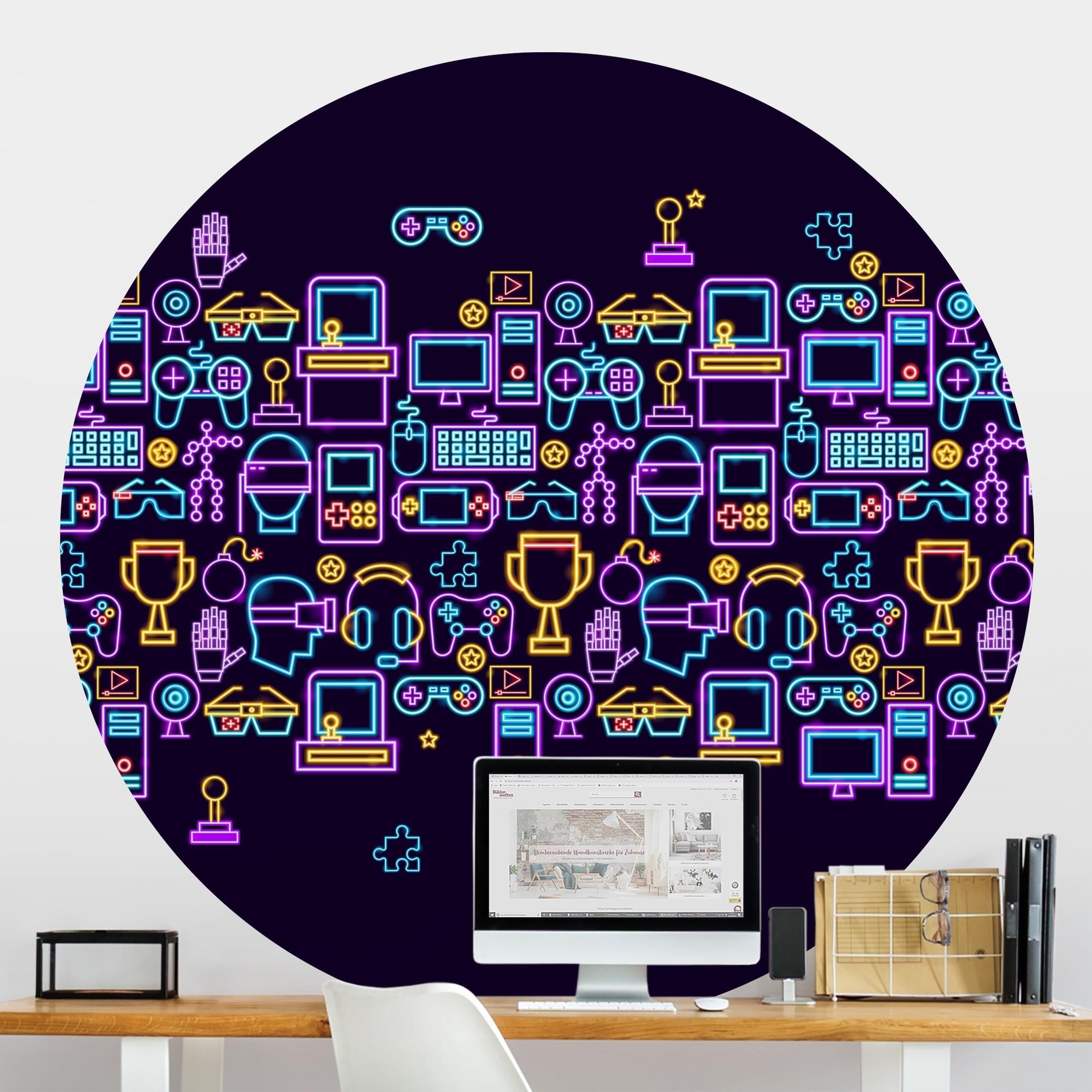 Runde Tapete selbstklebend Neon Gaming Symbole