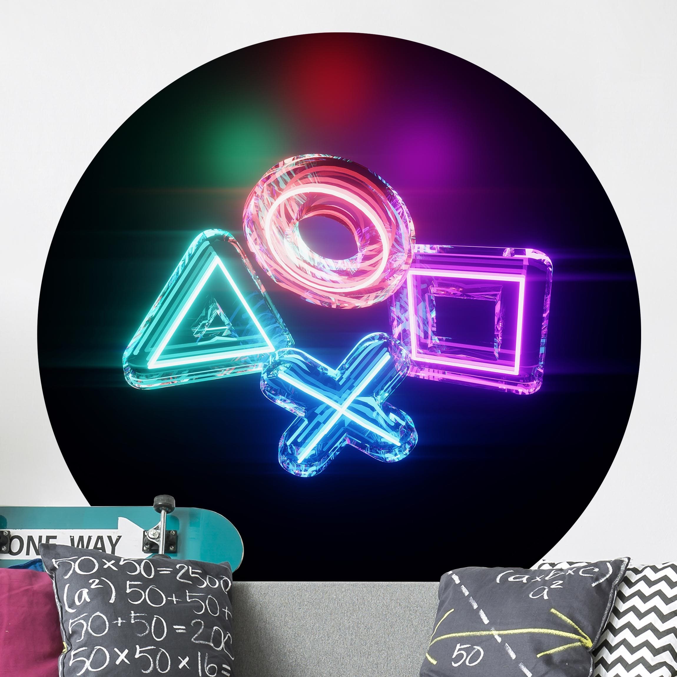 Runde Tapete selbstklebend Neon Kreis Quadrat Dreieck X