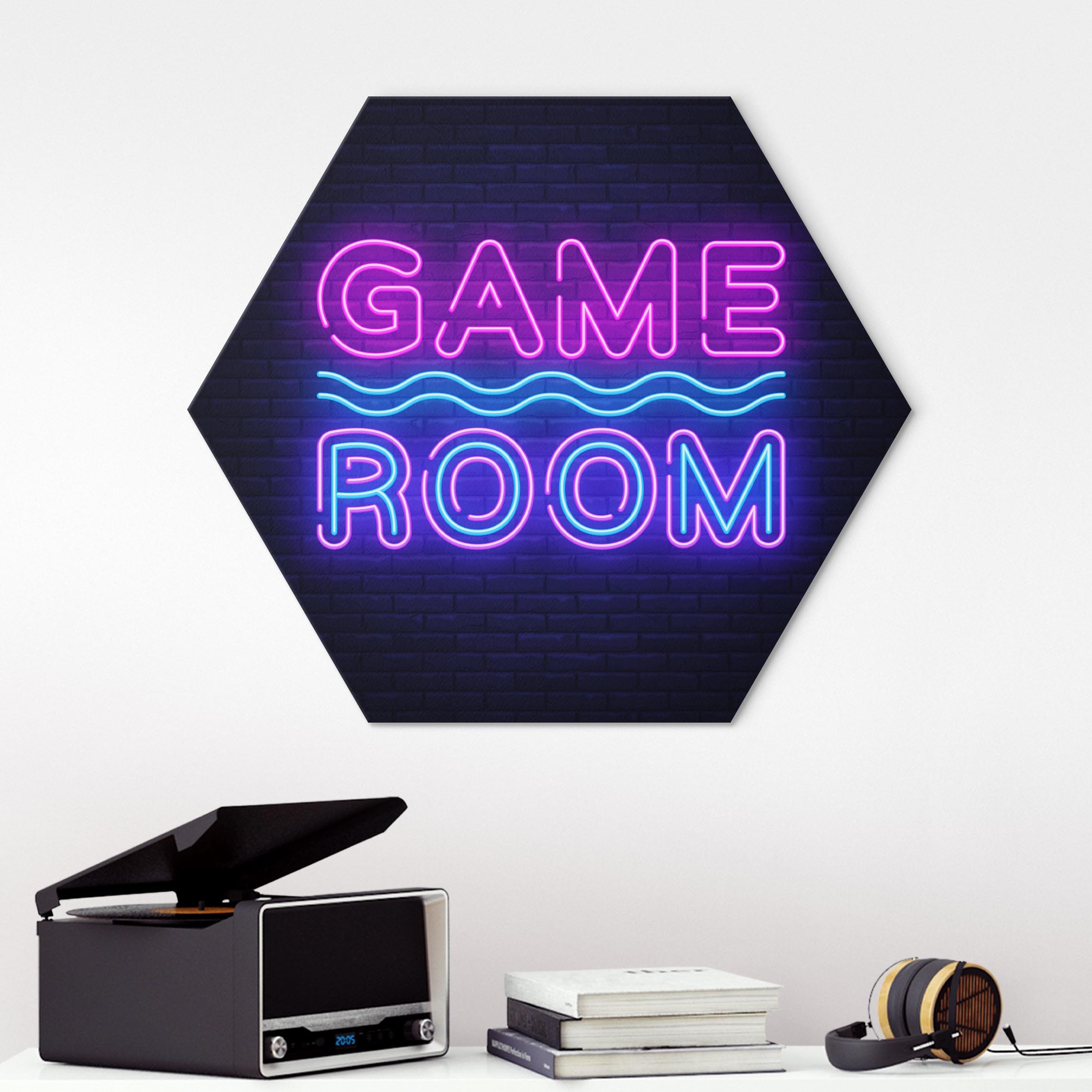 Hexagon-Alu-Dibond Bild Neon Schrift Game Room