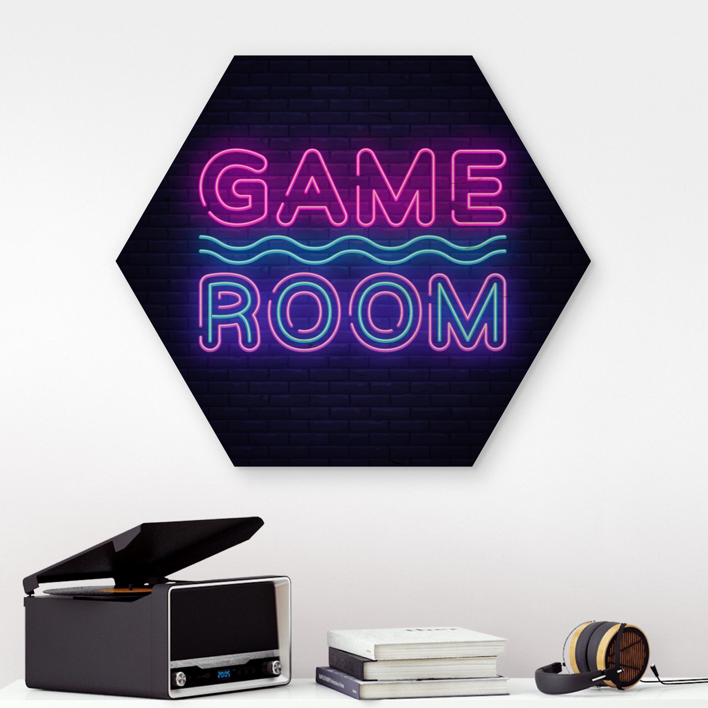 Hexagon-Holzbild Neon Schrift Game Room