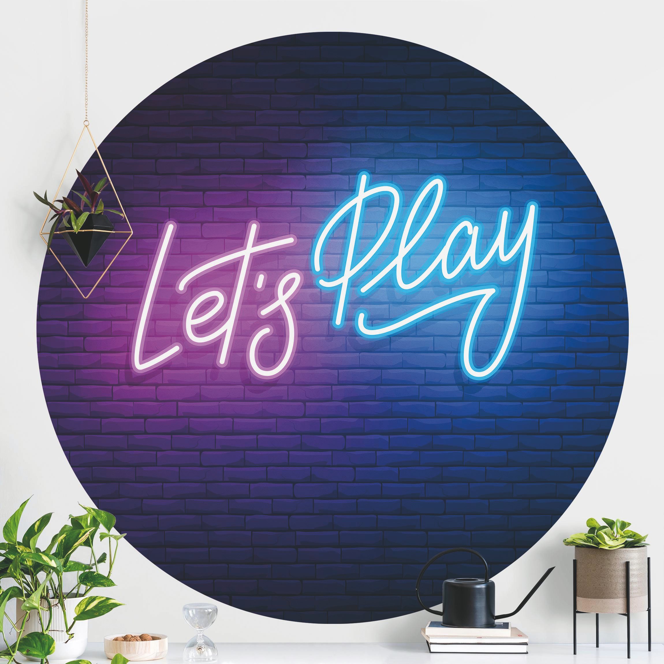 Runde Tapete selbstklebend Neon Schrift Let's Play
