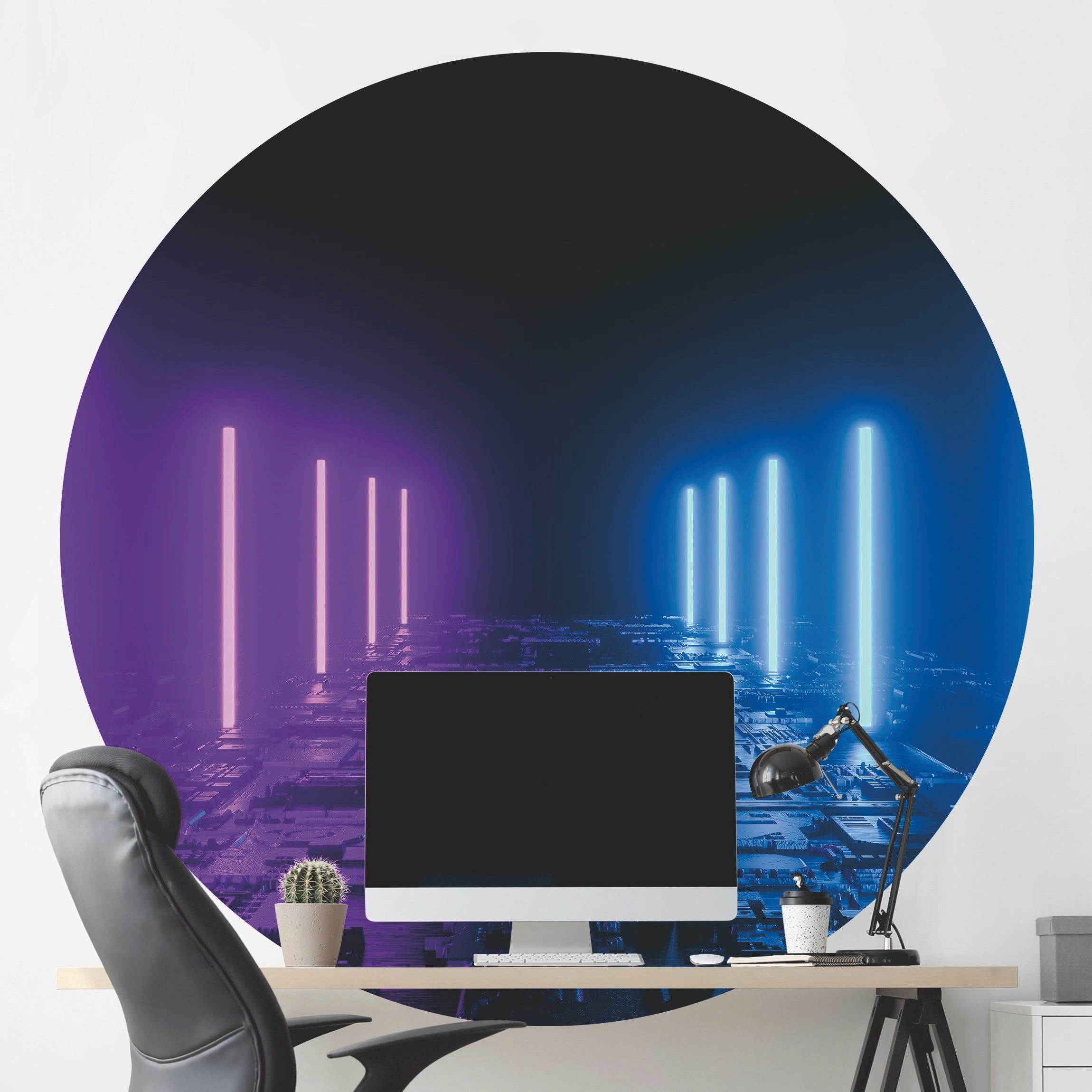 Runde Tapete selbstklebend Neonlichter in Lila und Blau
