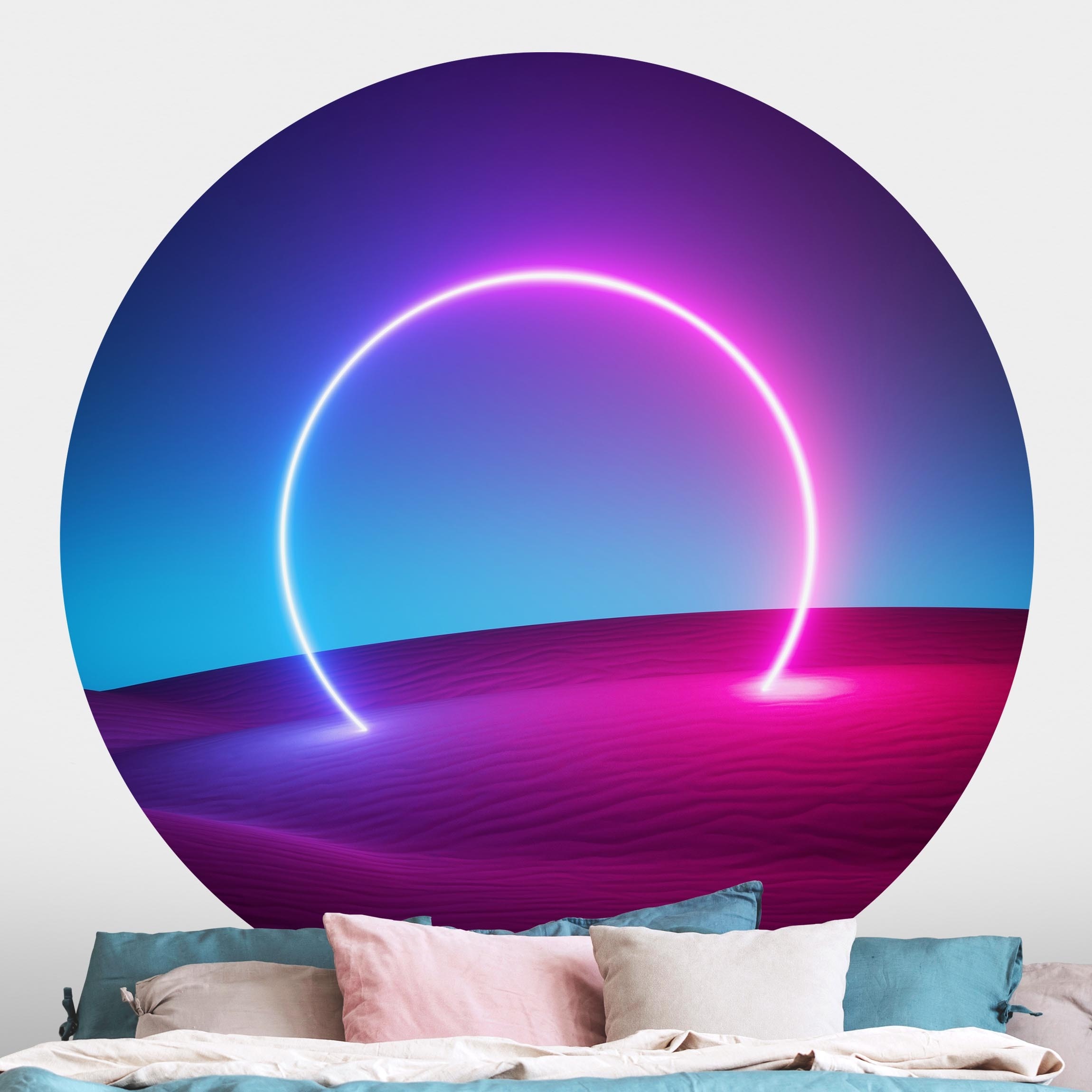 Runde Tapete selbstklebend Neonlichtkreis im Sand