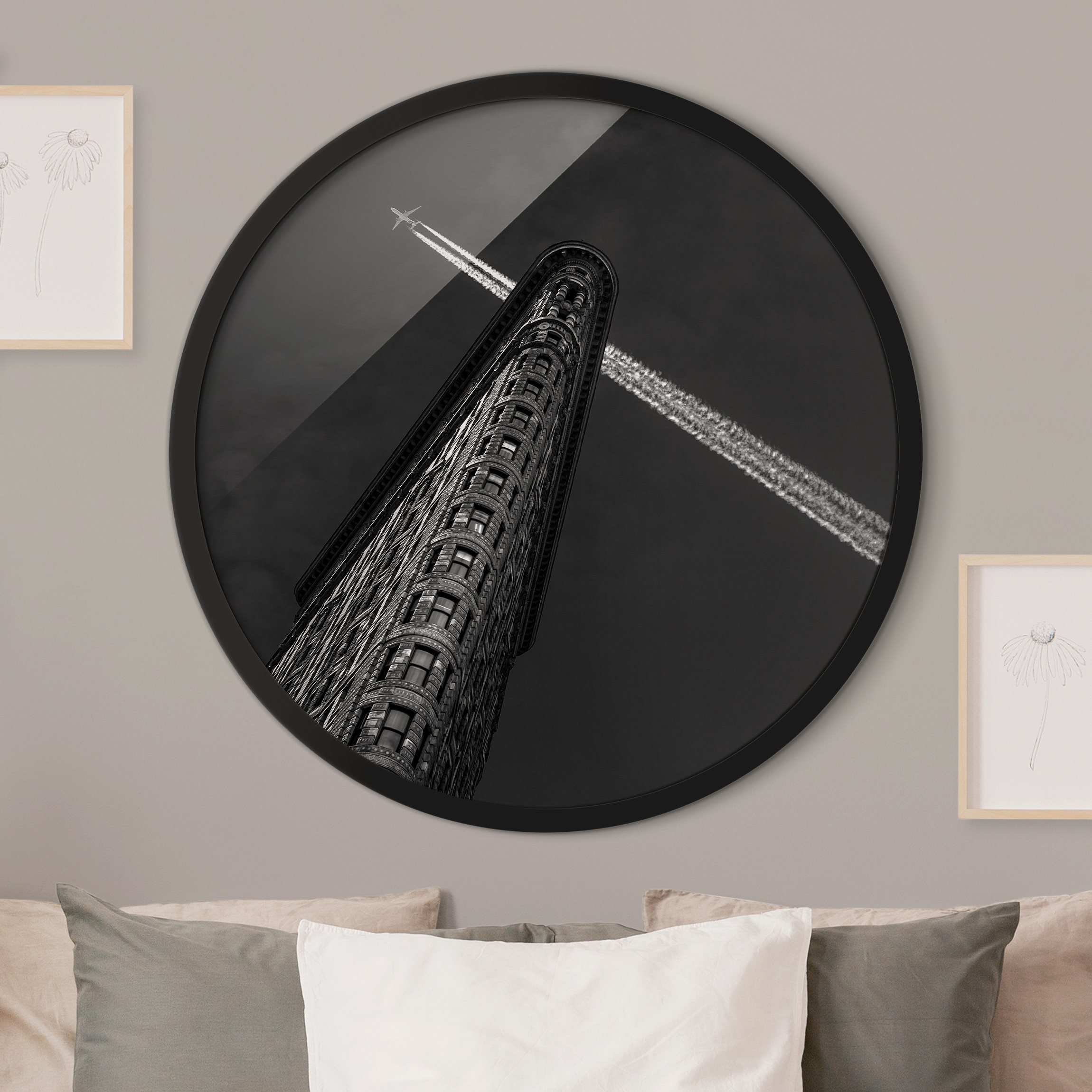 Rundes Gerahmtes Bild New York Flat Iron mit Flugzeug