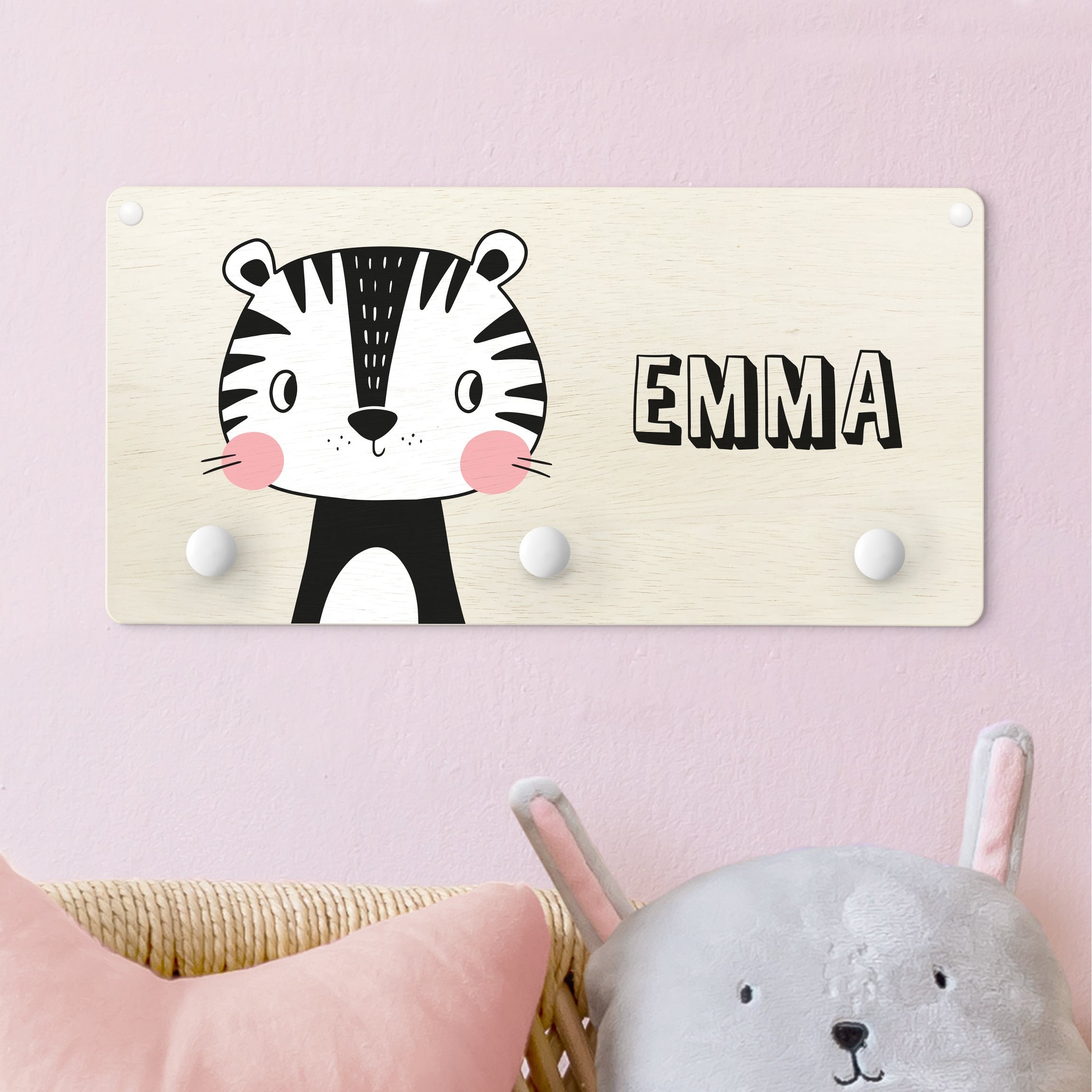 Kindergarderobe Holz mit Namen Niedliche Tigerkatze mit Wunschname