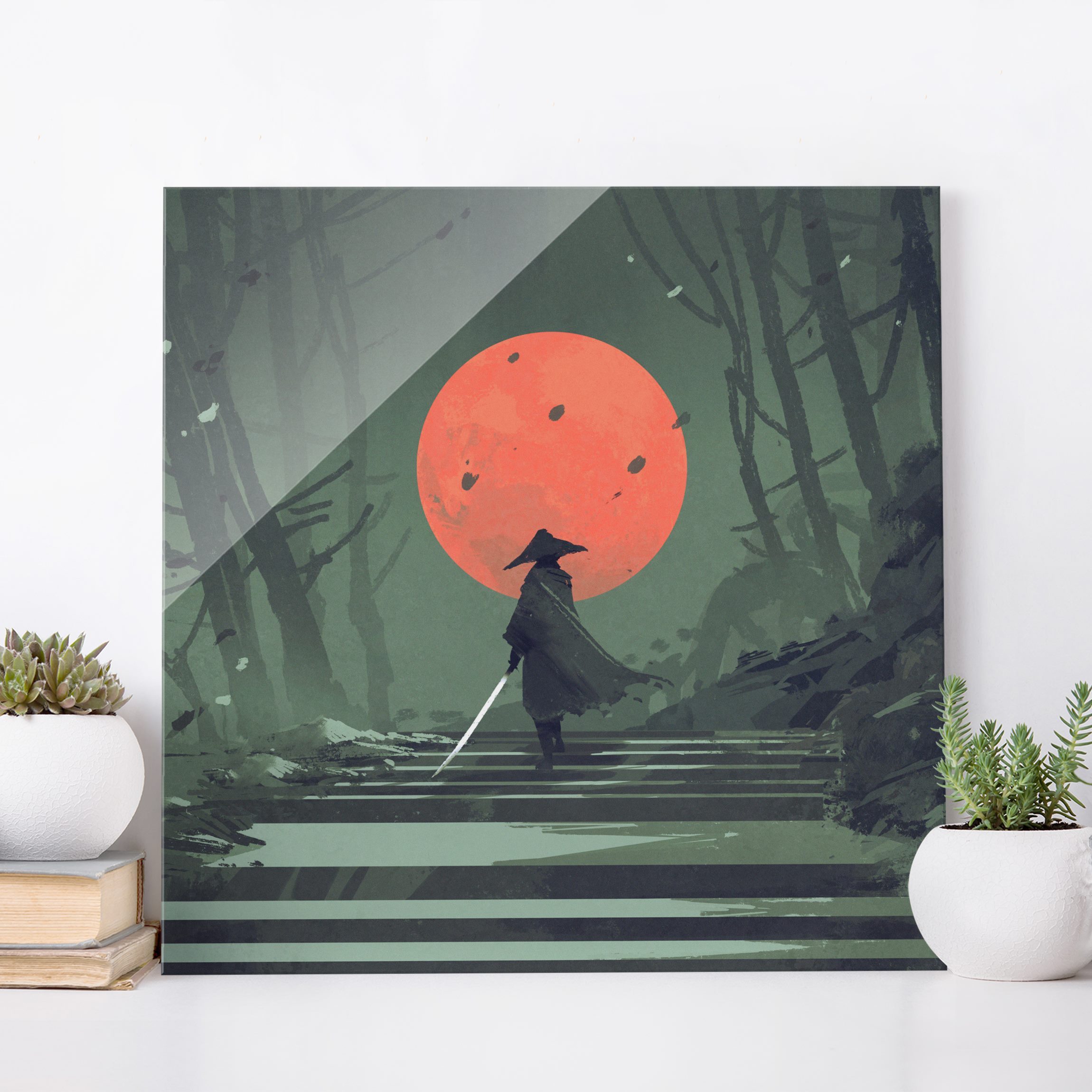 Glasbild Ninja im roten Mondschein