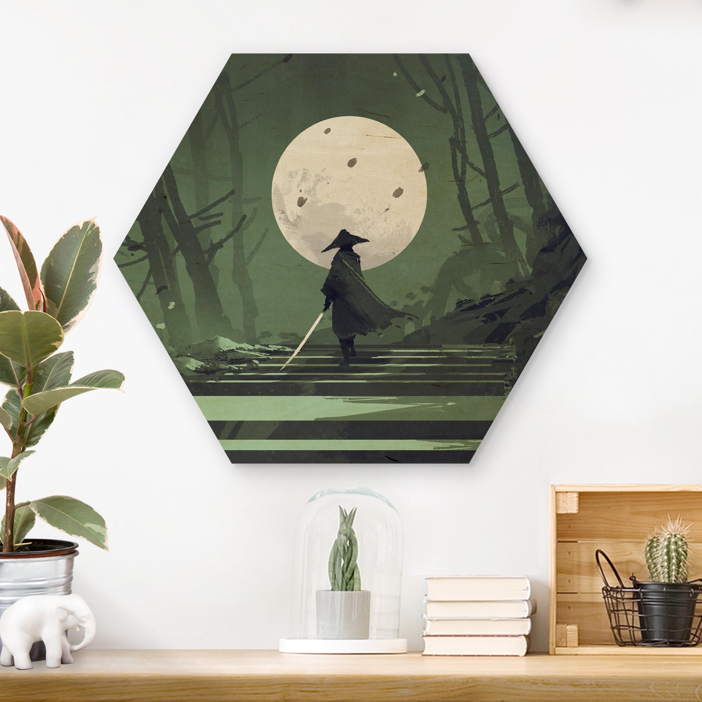 Hexagon-Holzbild Ninja im roten Mondschein
