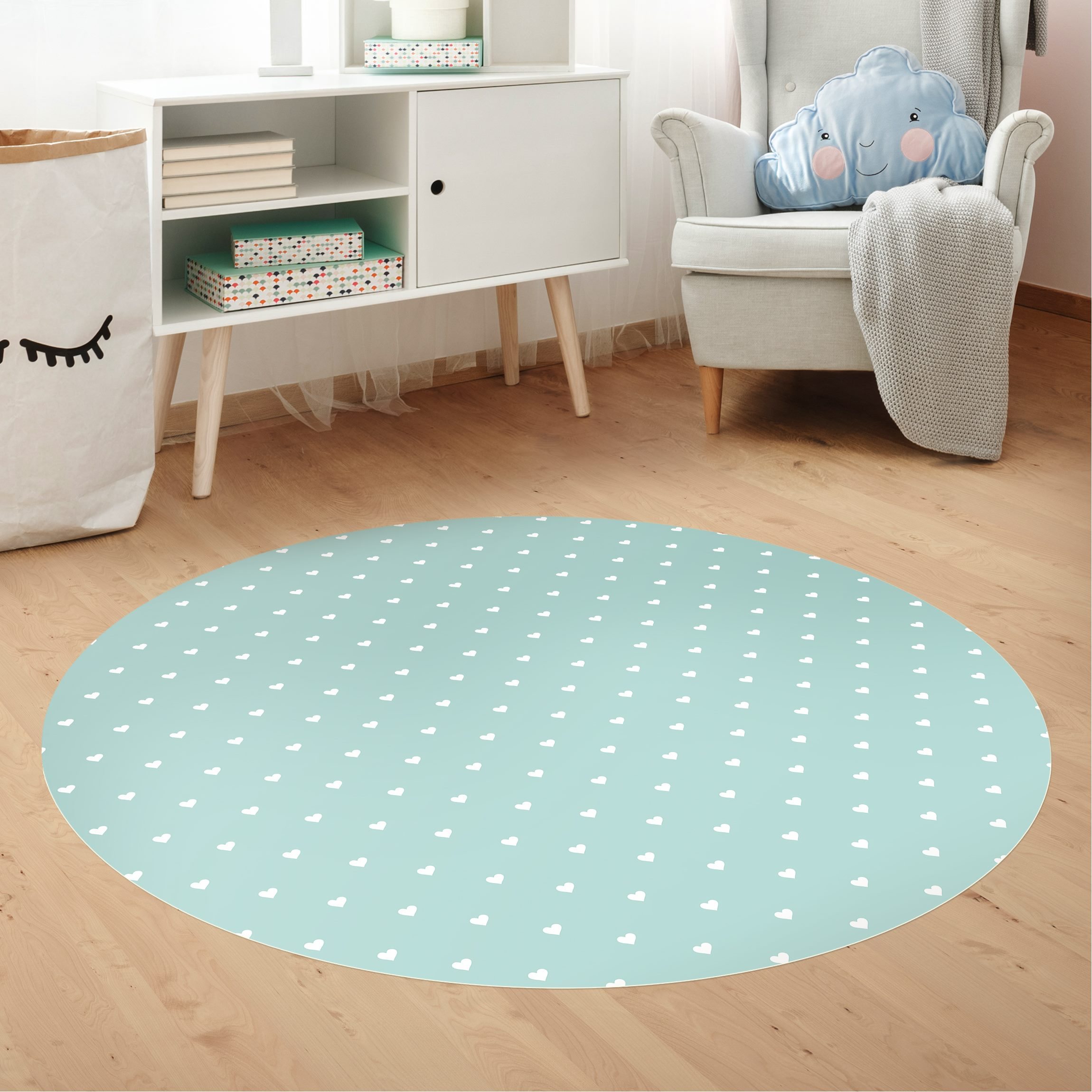 Runder Vinyl-Teppich No.YK60 Weiße Herzen auf Mint