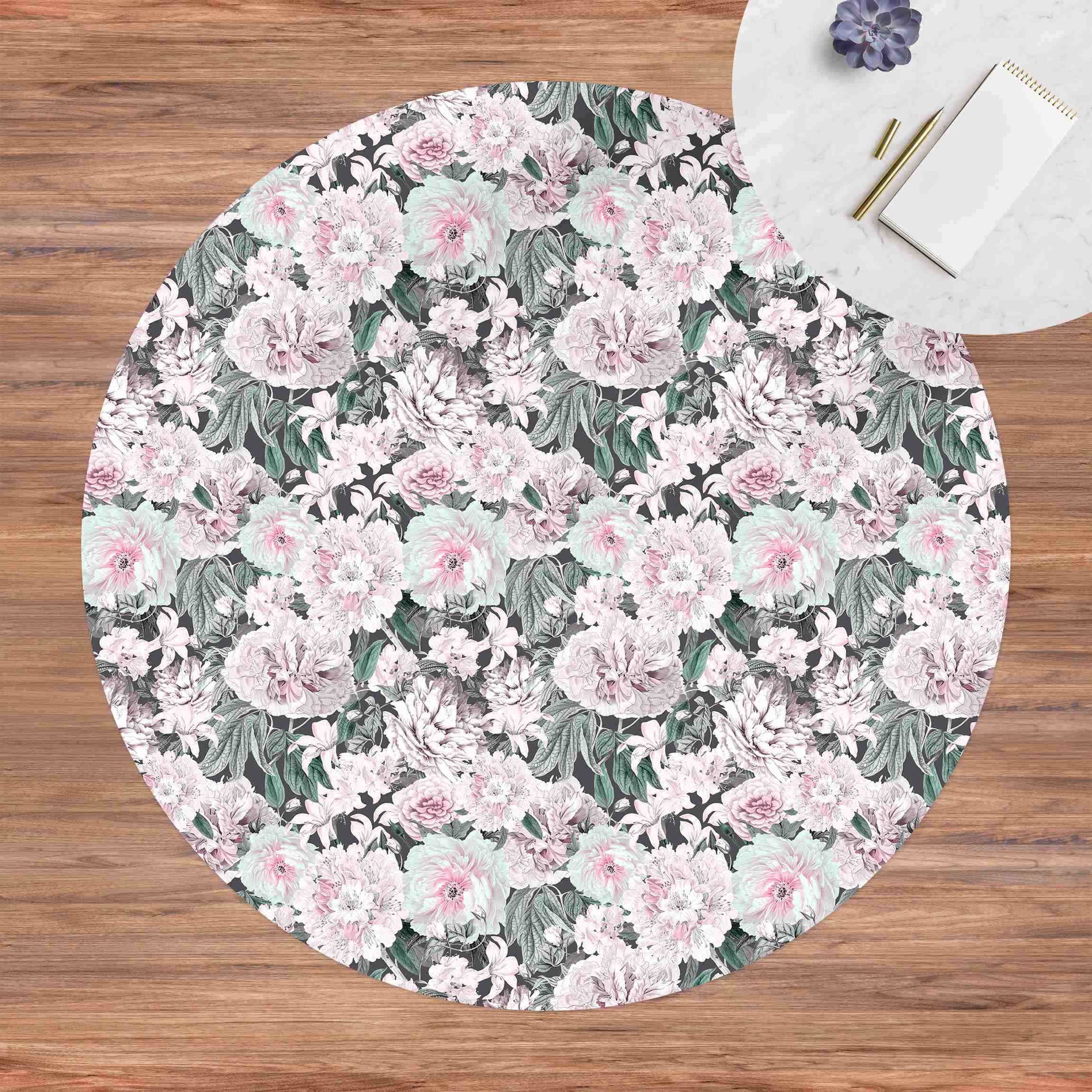Runder Vinyl-Teppich Nostalgische Pfingstrosen in Pastell Rosa