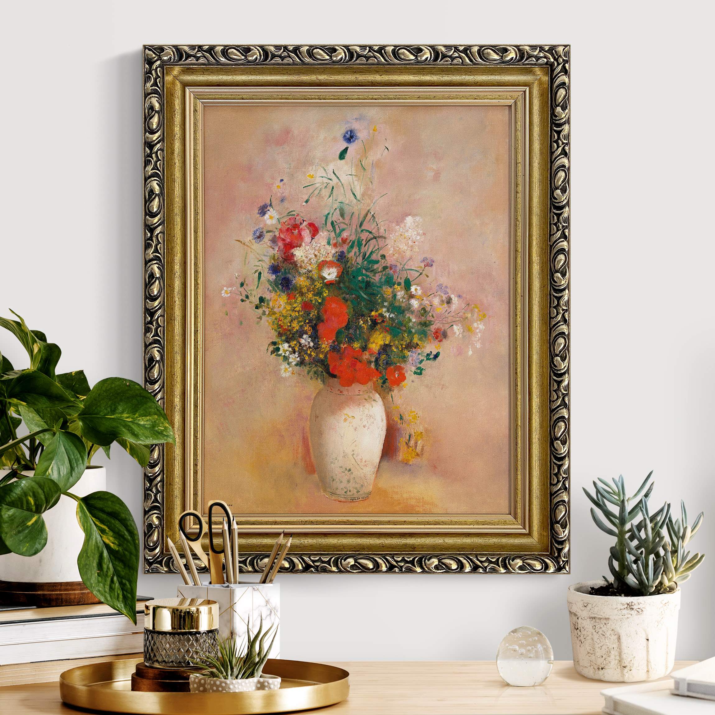 Leinwandbild mit Barockrahmen Odilon Redon - Vase mit Blumen (rosenfarbener Hintergrund)