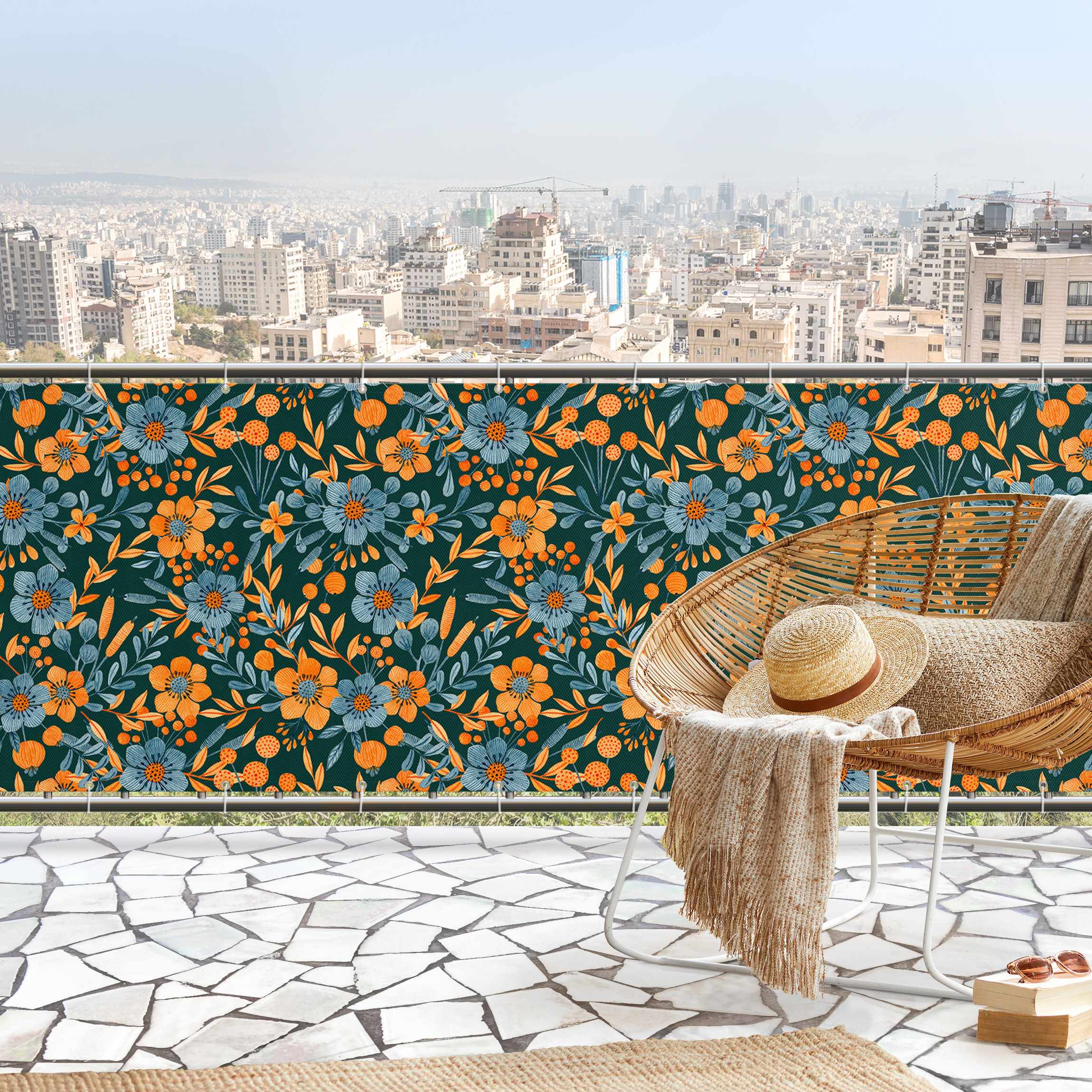 Balkon Sichtschutz Orange Blaue Blüten auf dunklem Petrol