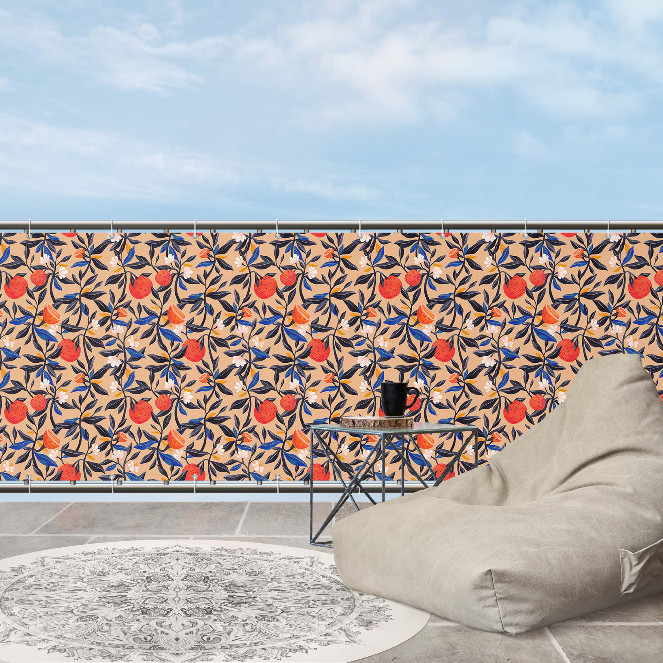 Balkon Sichtschutz Orangen mit Blätterranken
