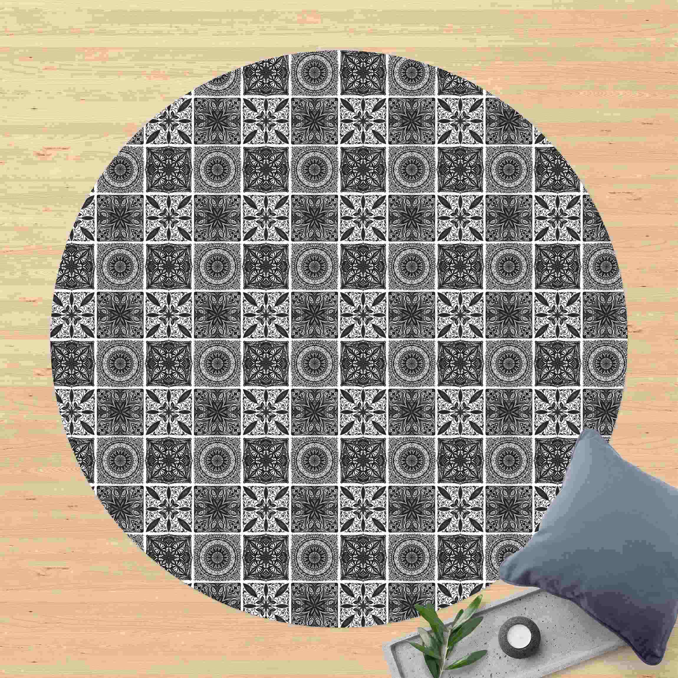 Runder Vinyl-Teppich Orientalischer Mandala Mustermix in Schwarz mit Glitzeroptik