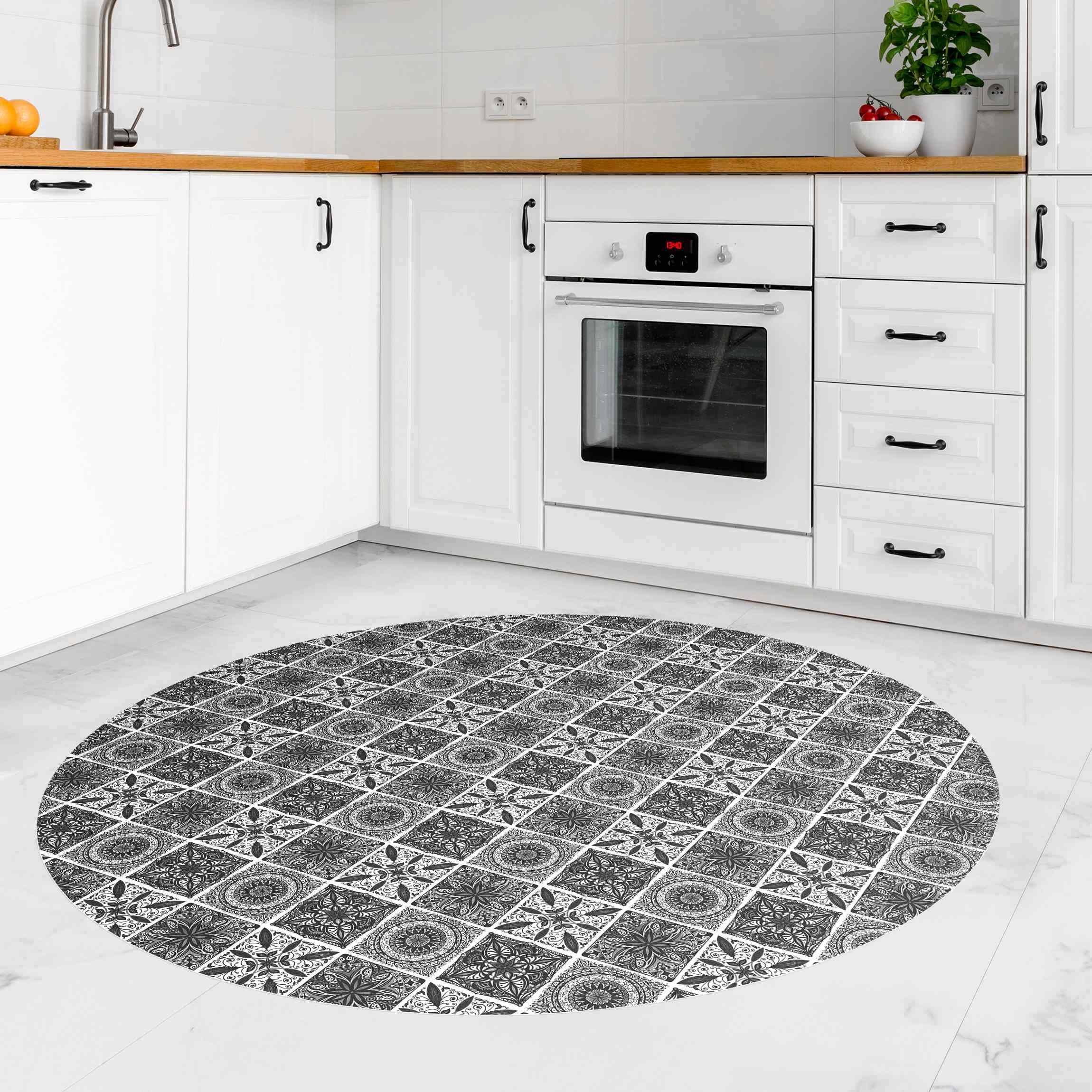 Runder Vinyl-Teppich Orientalischer Mandala Mustermix in Schwarz mit Glitzeroptik