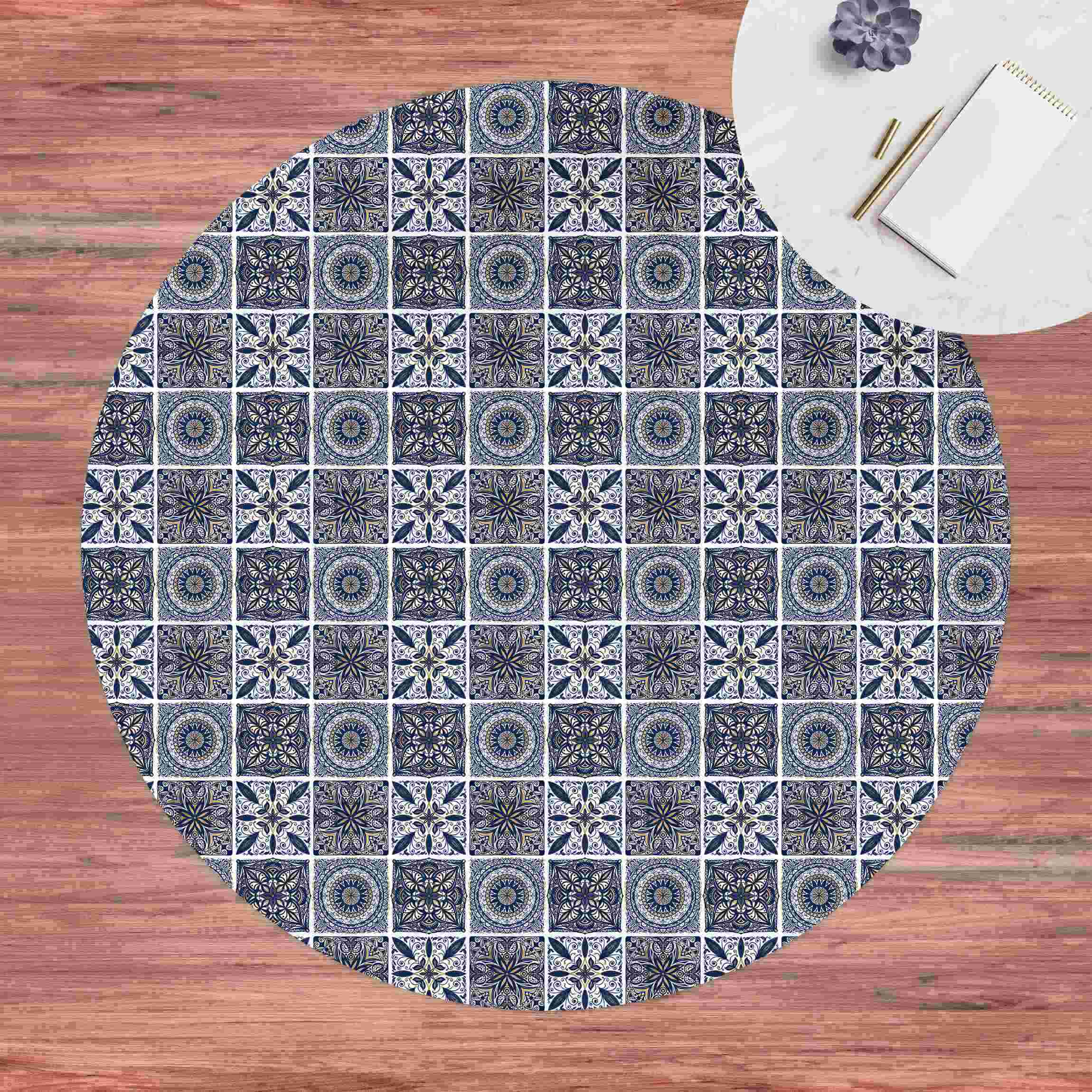 Runder Vinyl-Teppich Orientalischer Mandala Mustermix mit Blau und Gold