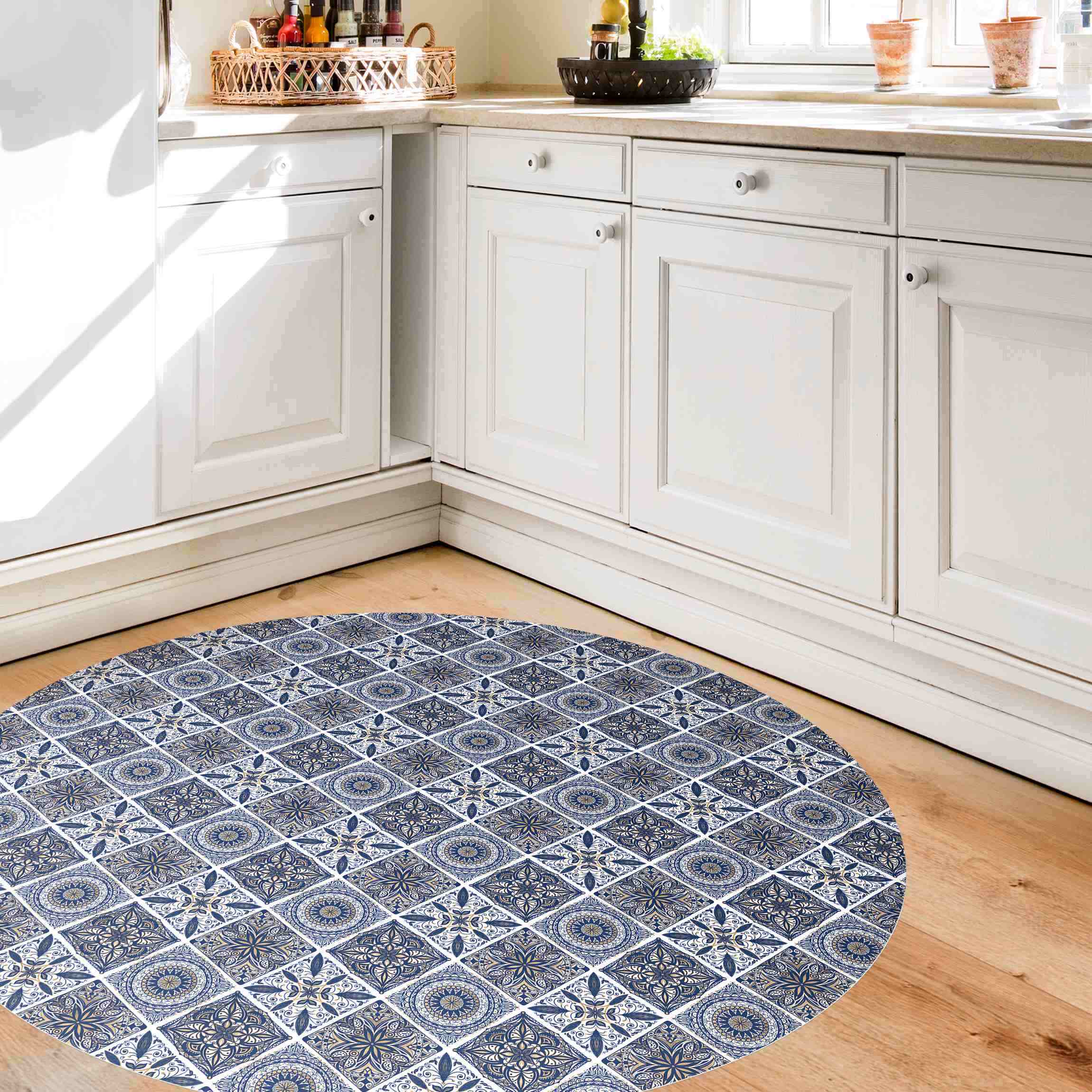 Runder Vinyl-Teppich Orientalischer Mandala Mustermix mit Blau und Gold