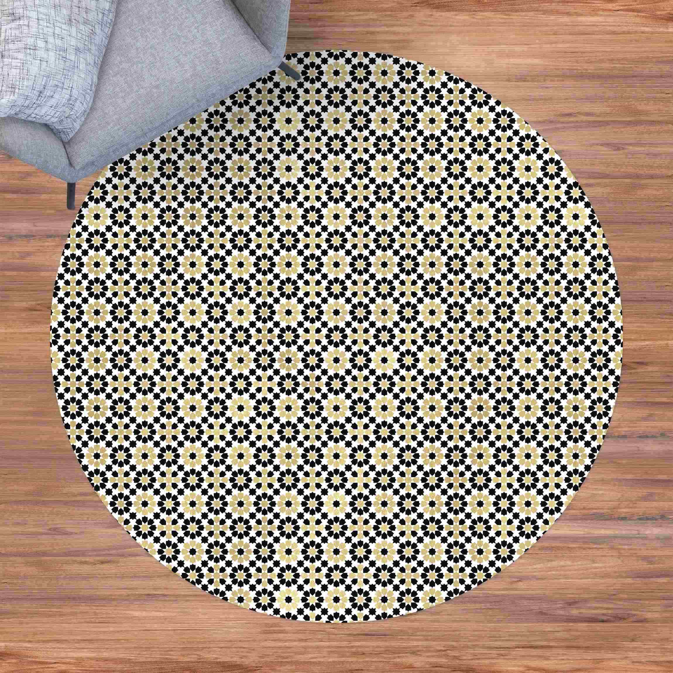 Runder Vinyl-Teppich Orientalisches Muster mit goldenen Blüten