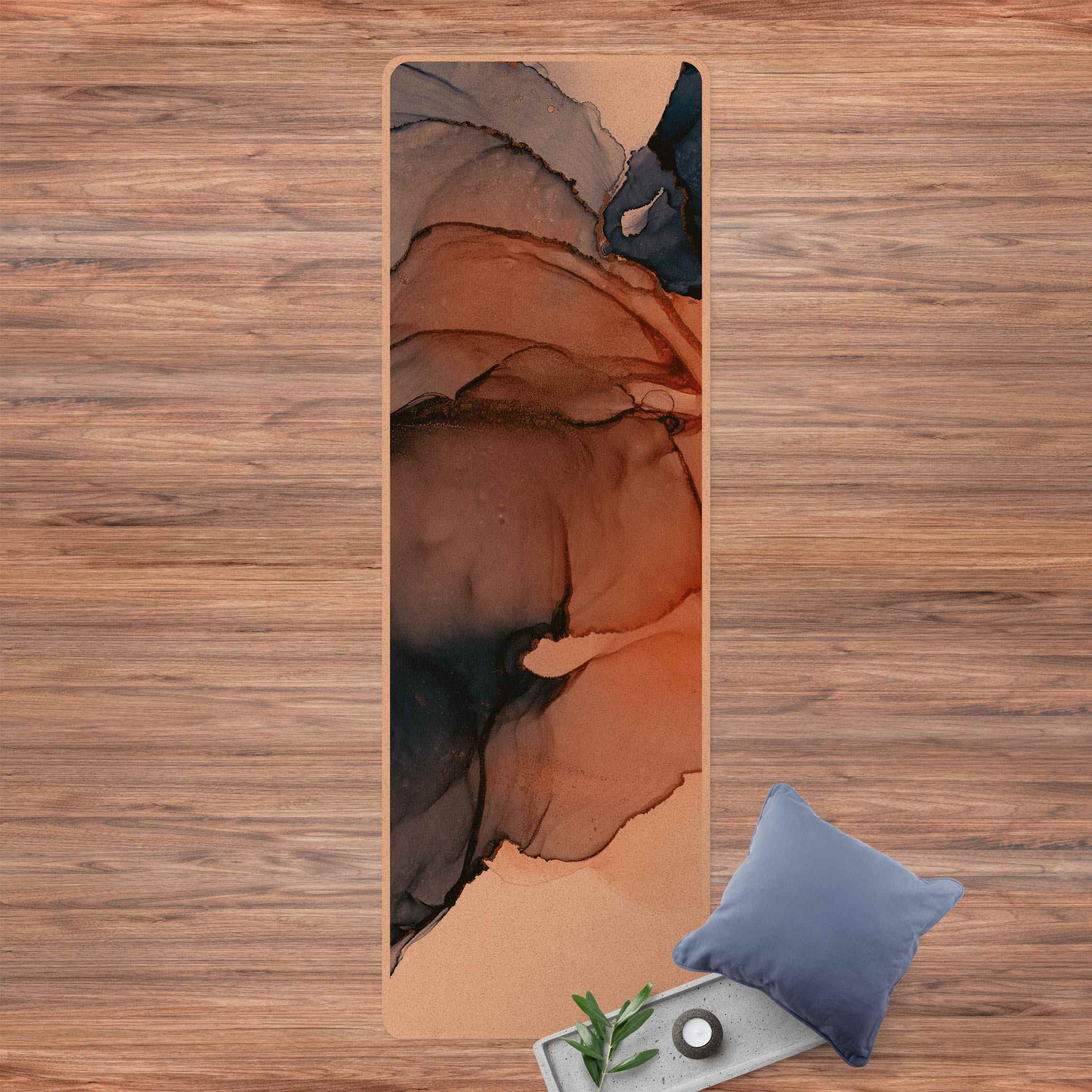 Yogamatte Kork Ozeantropfen Blau-Orange mit Gold