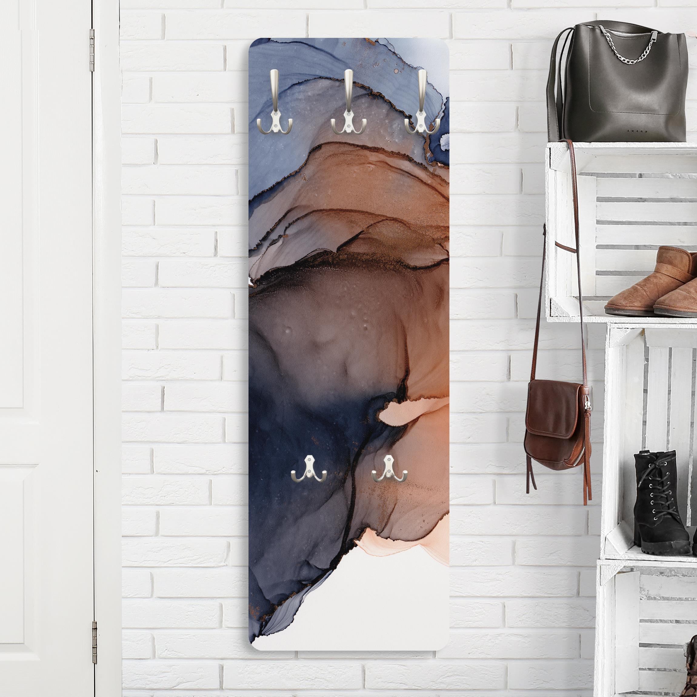 Wandgarderobe Holzpaneel Ozeantropfen Blau-Orange mit Gold