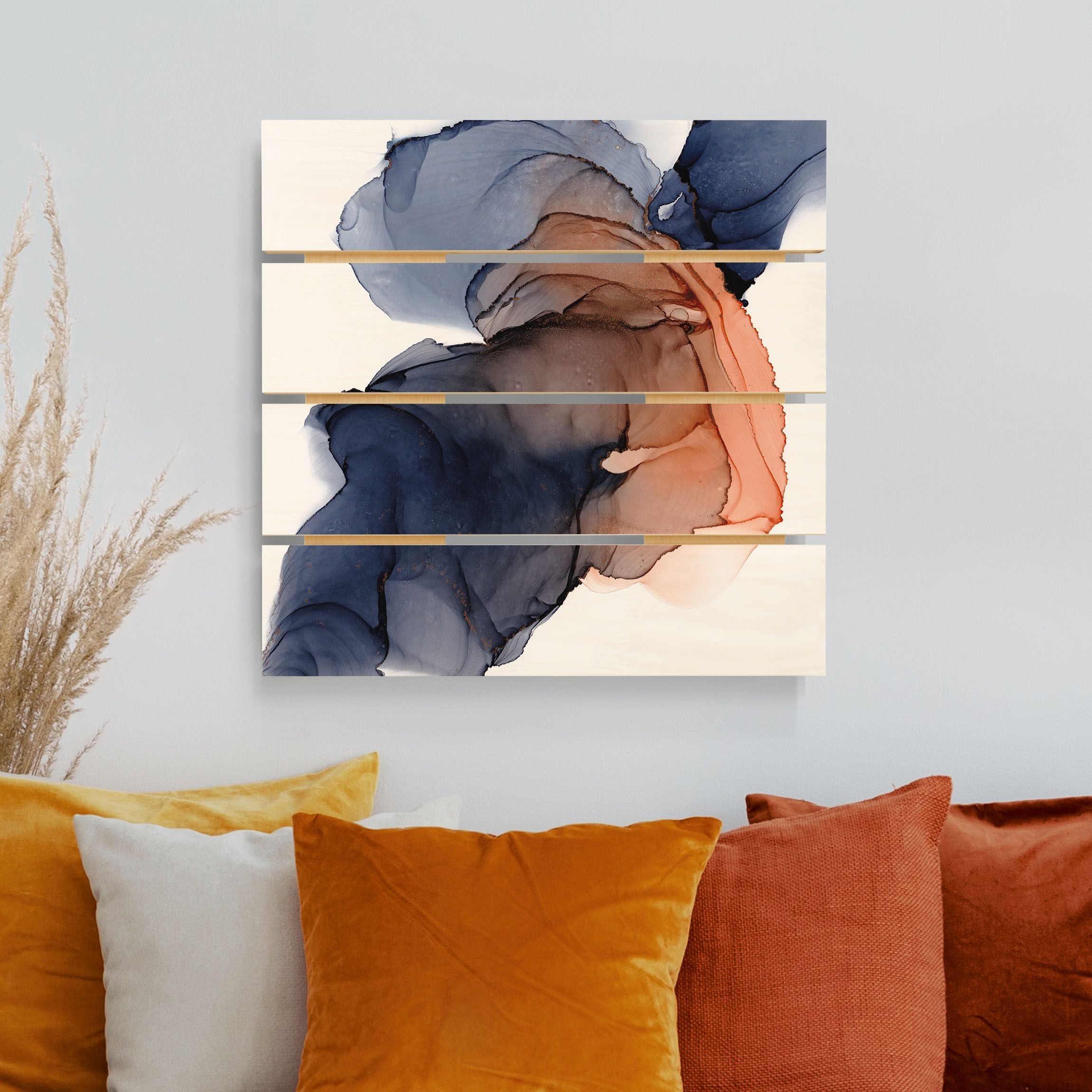 Holzbild Plankenoptik Ozeantropfen Blau-Orange mit Gold