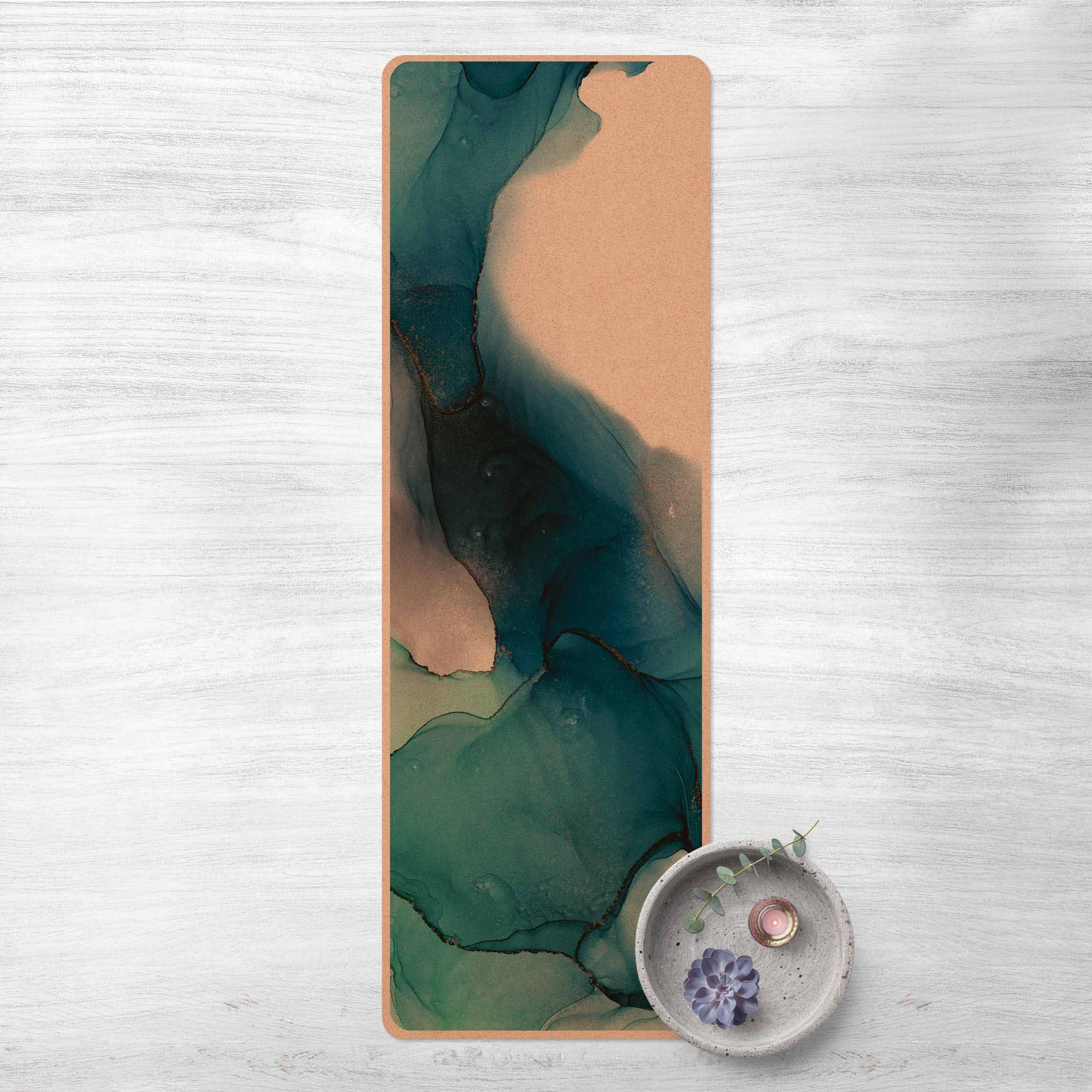 Yogamatte Kork Ozeantropfen Türkis mit Gold