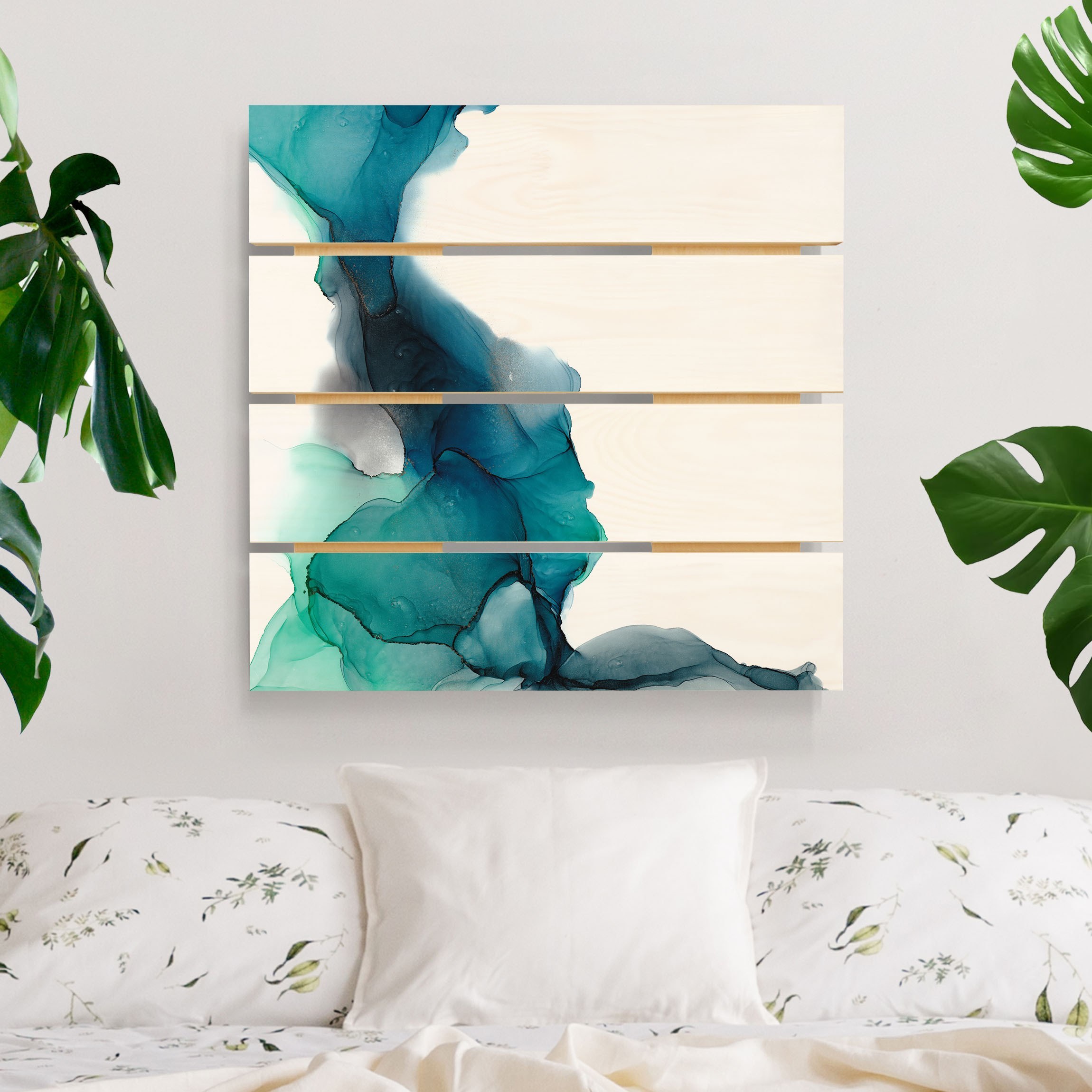 Holzbild Plankenoptik Ozeantropfen Türkis mit Gold