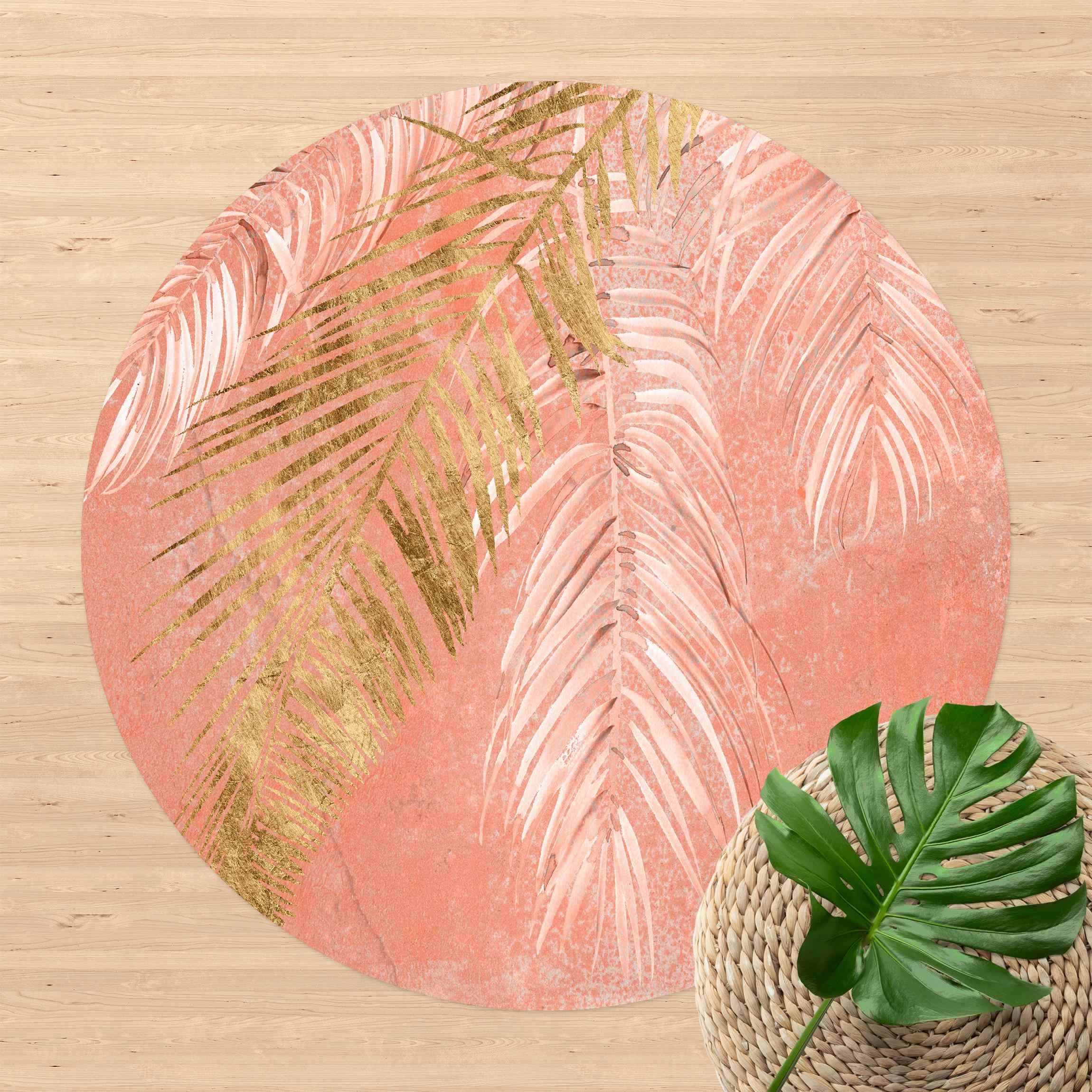 Runder Vinyl-Teppich Palmenblätter Rosa und Gold I