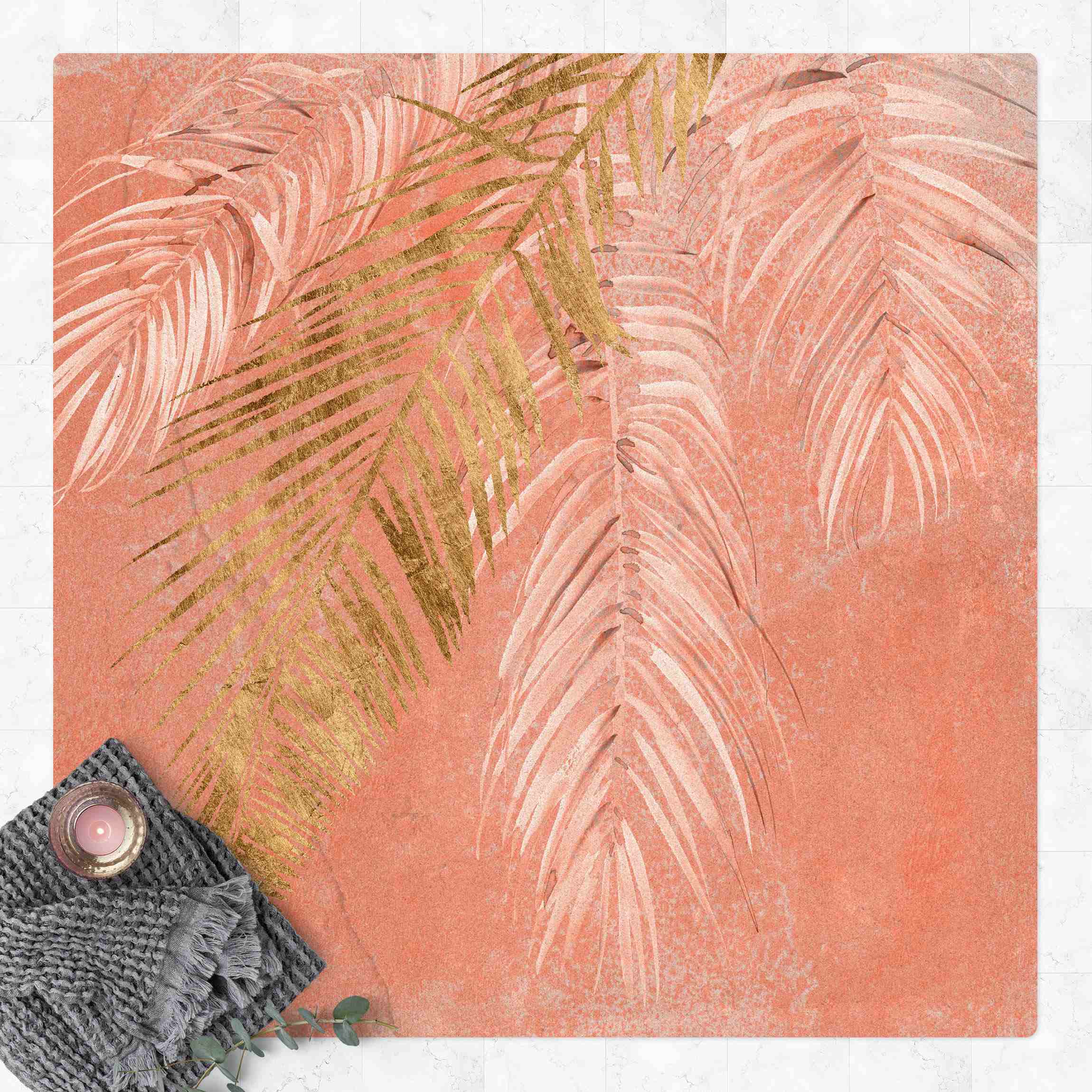 Kork-Teppich Palmenblätter Rosa und Gold I