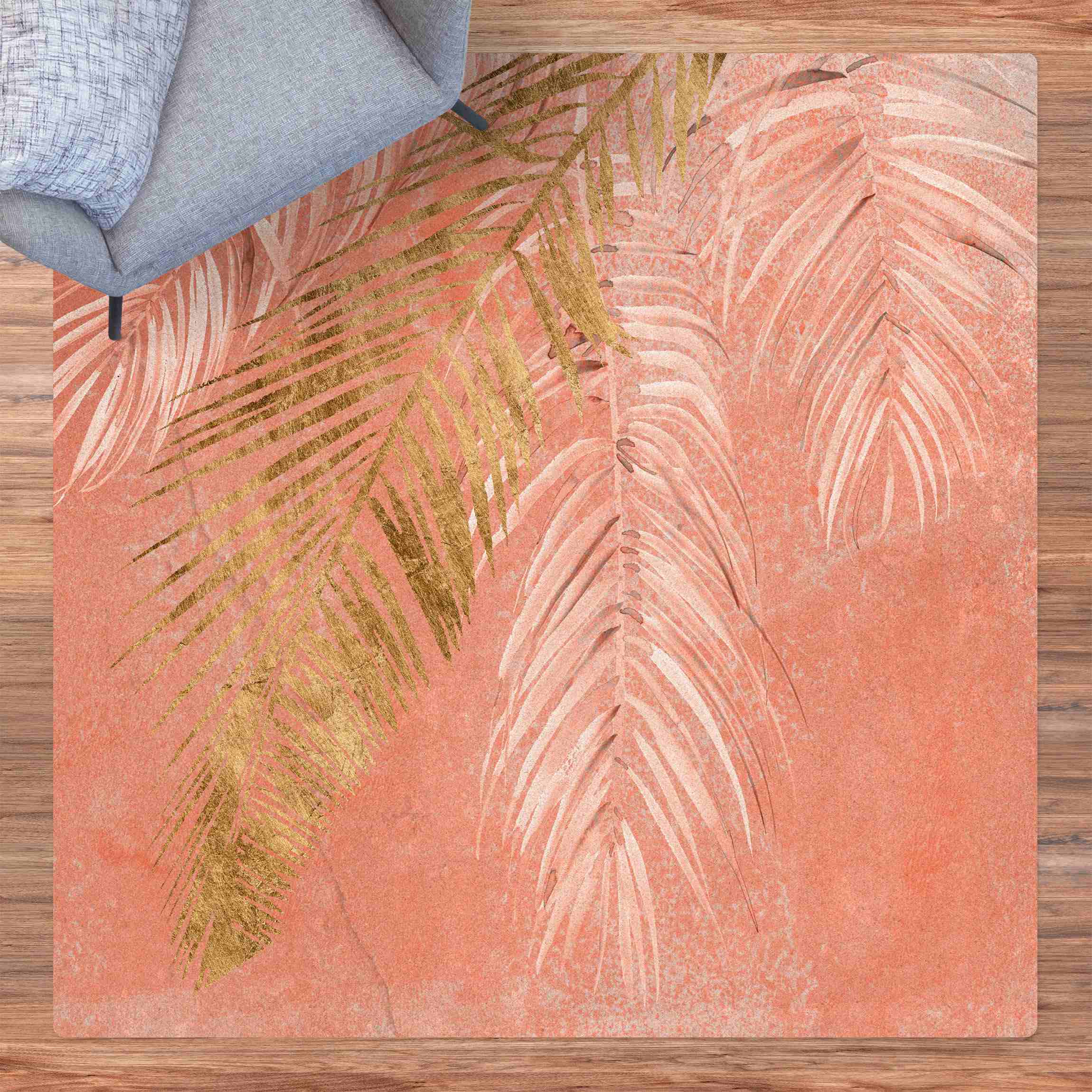 Kork-Teppich Palmenblätter Rosa und Gold I