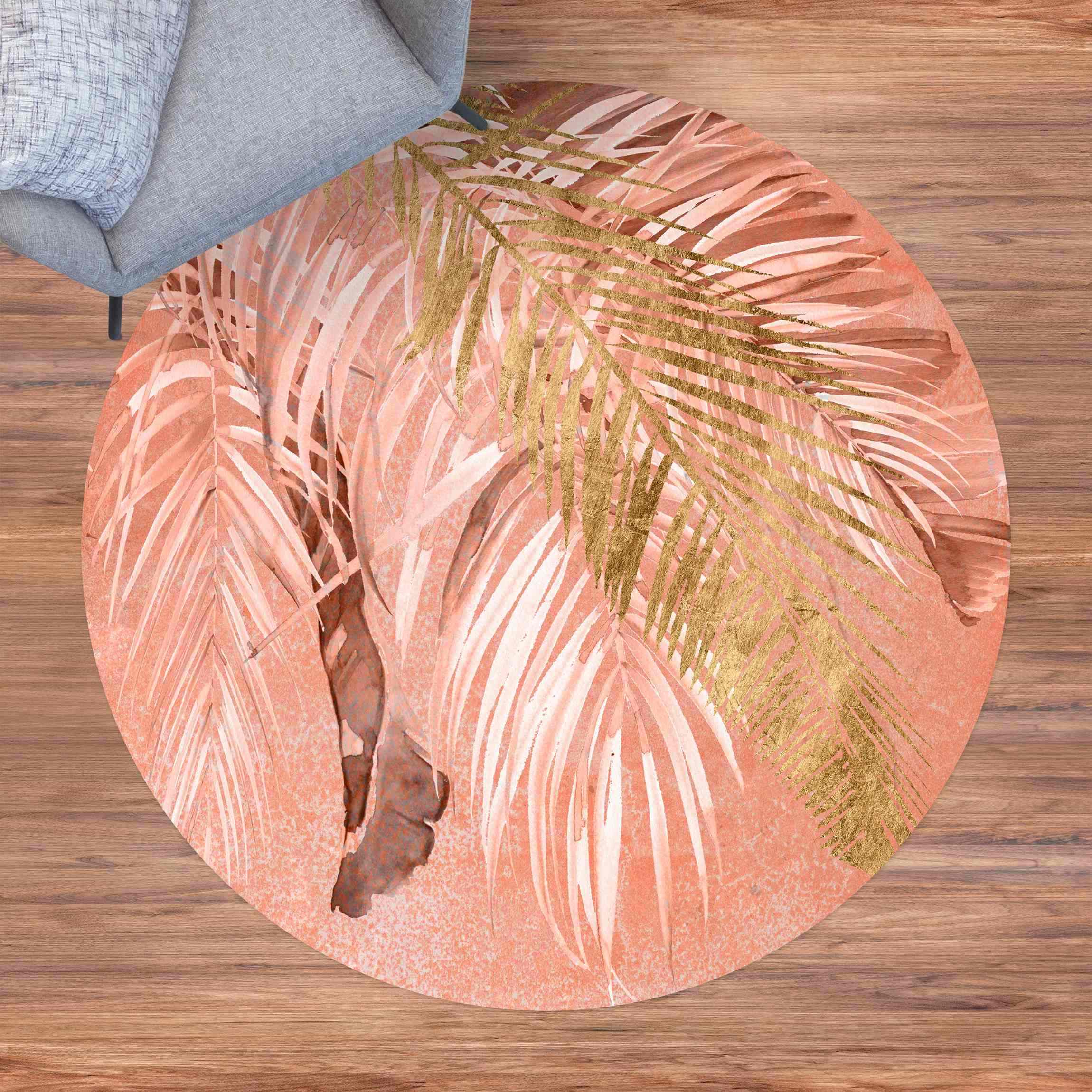 Runder Vinyl-Teppich Palmenblätter Rosa und Gold II