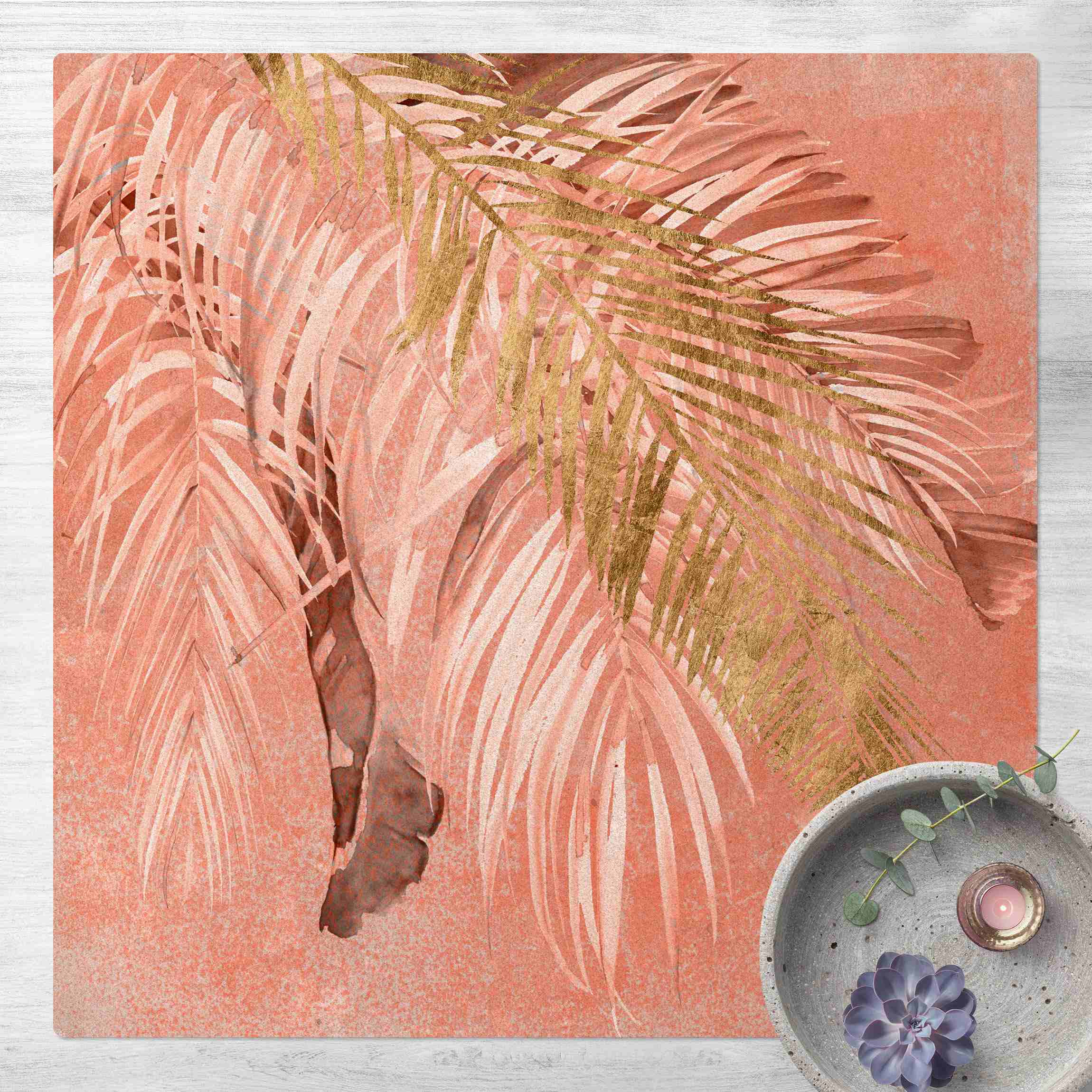 Kork-Teppich Palmenblätter Rosa und Gold II