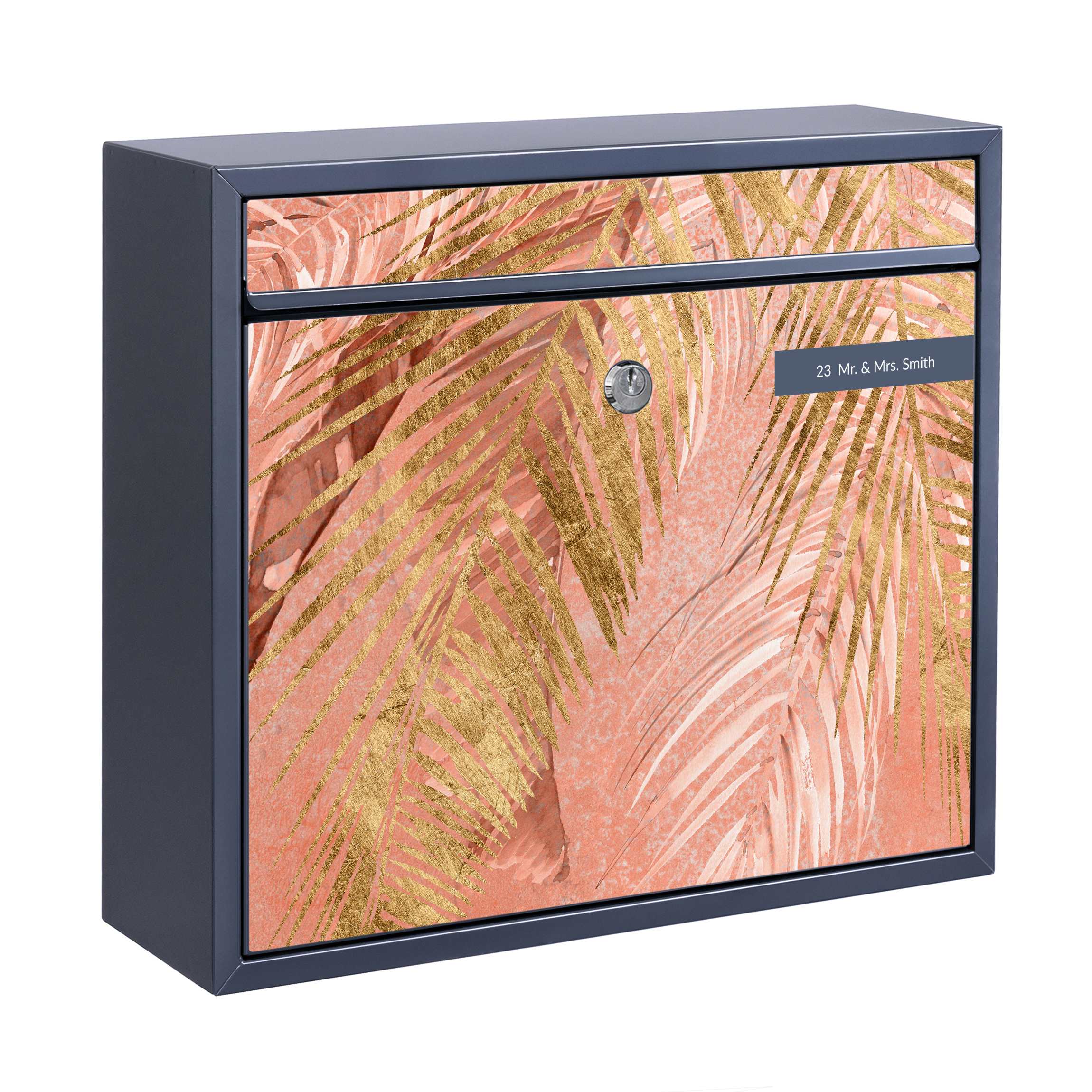 Briefkasten mit eigenem Text Palmenblätter Rosa und Gold III