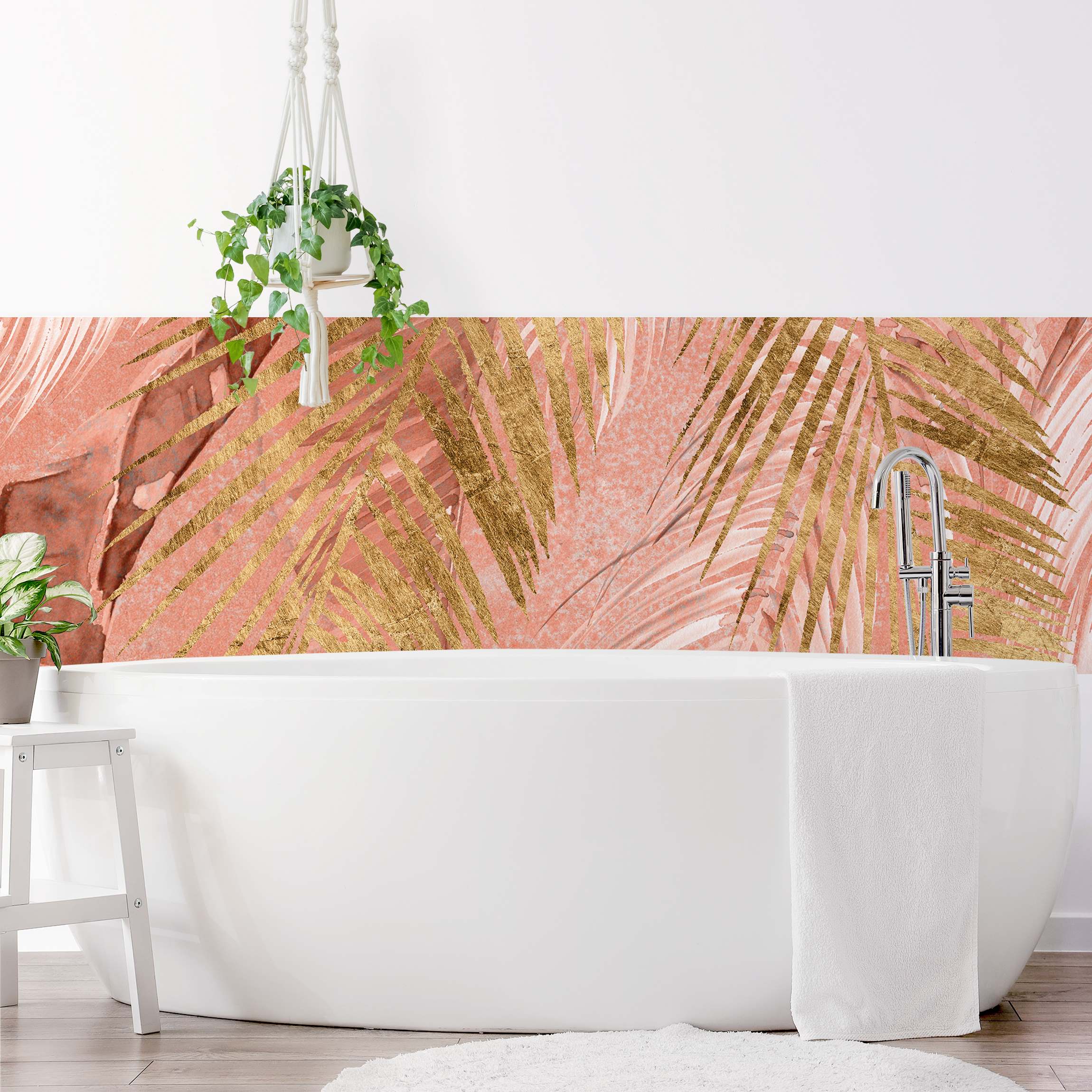 Wandverkleidung Bad Palmenblätter Rosa und Gold III