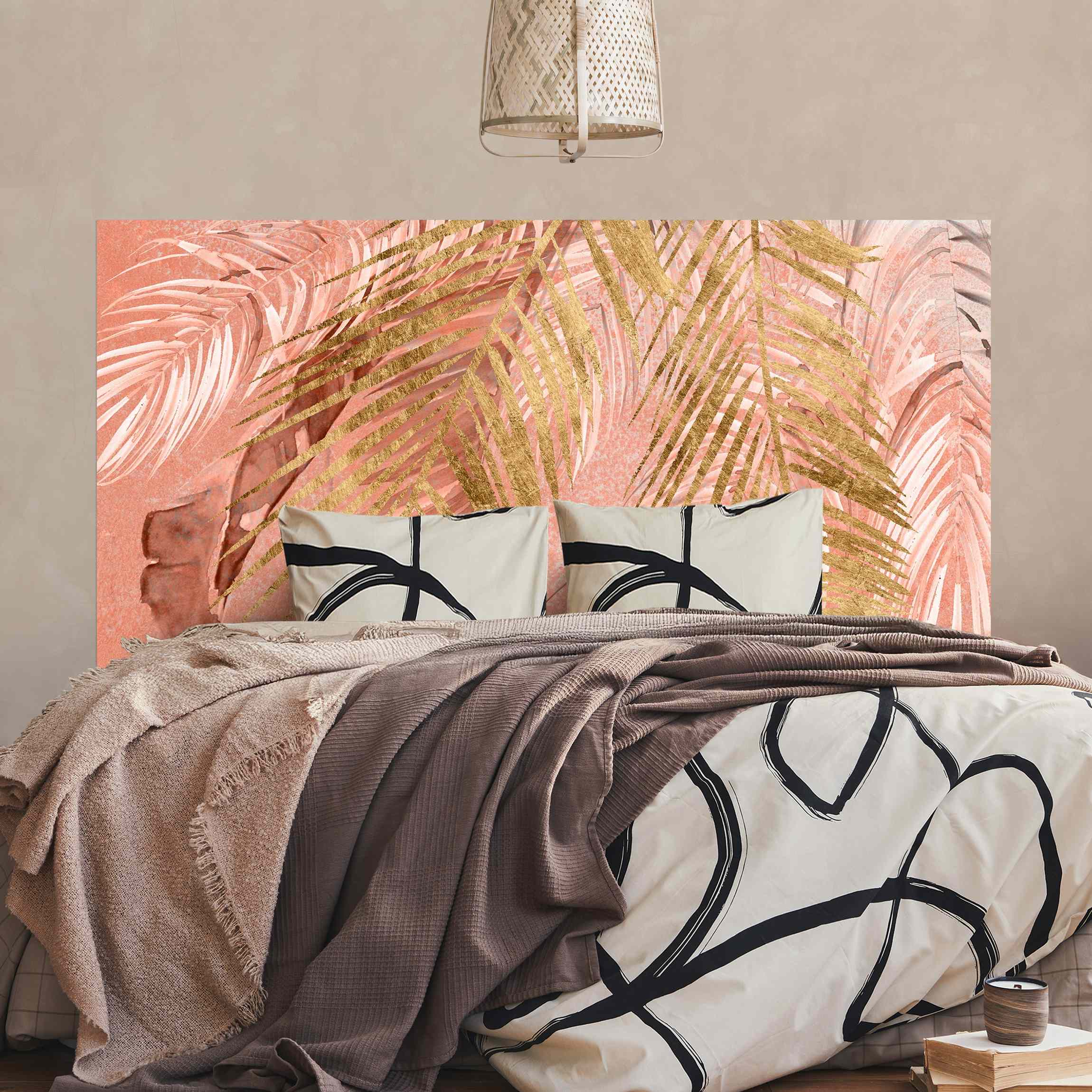 Kopfteil Bett Palmenblätter Rosa und Gold III