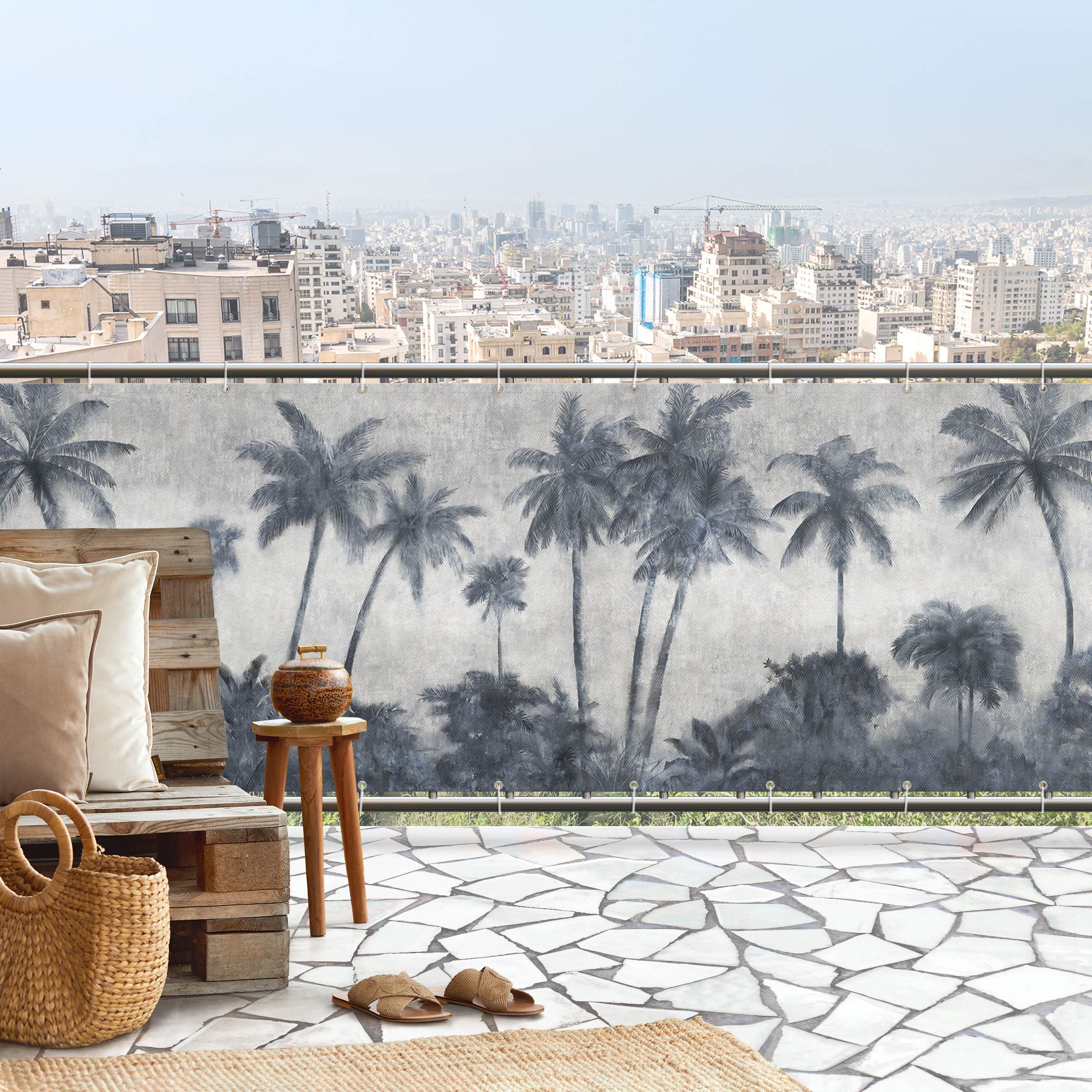 Balkon Sichtschutz Palmenkette in blau