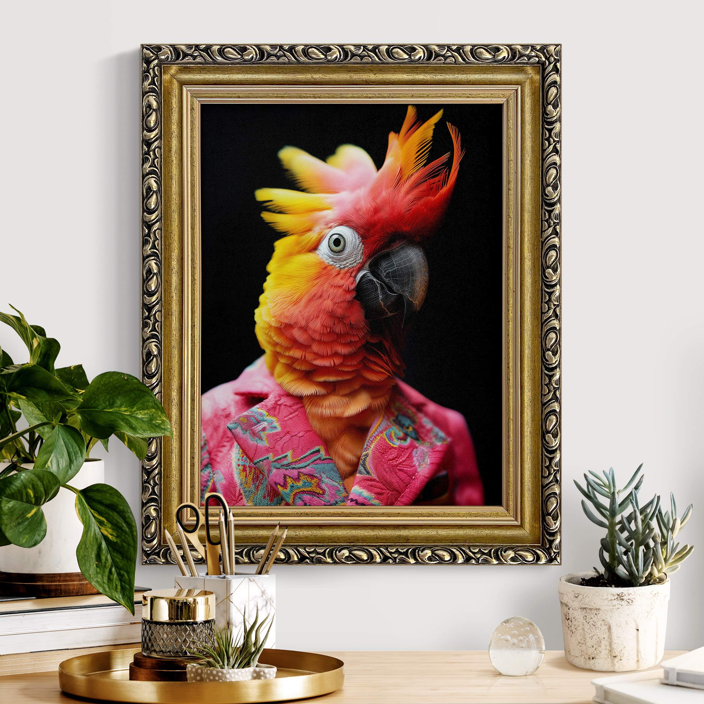 Leinwandbild mit Barockrahmen Papagei im Anzug