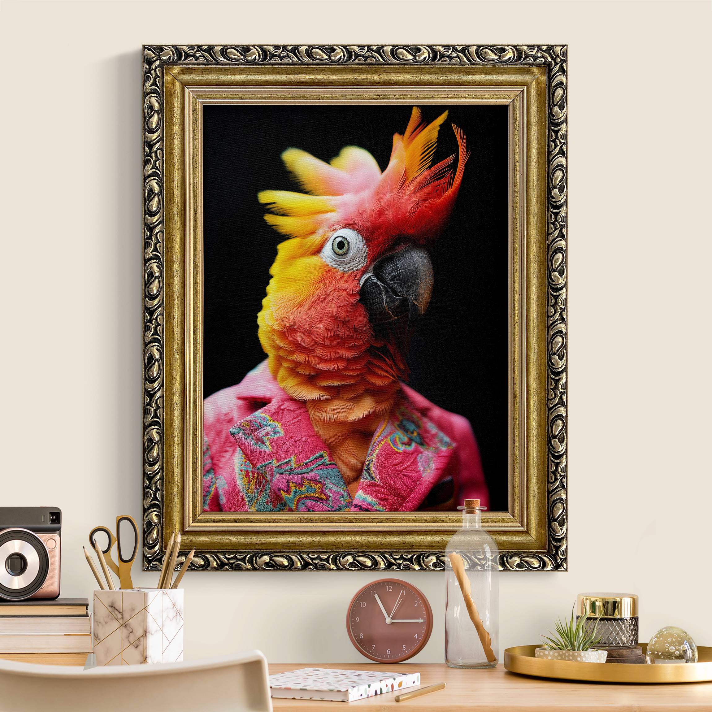 Leinwandbild in Barockrahmen Papagei im Anzug