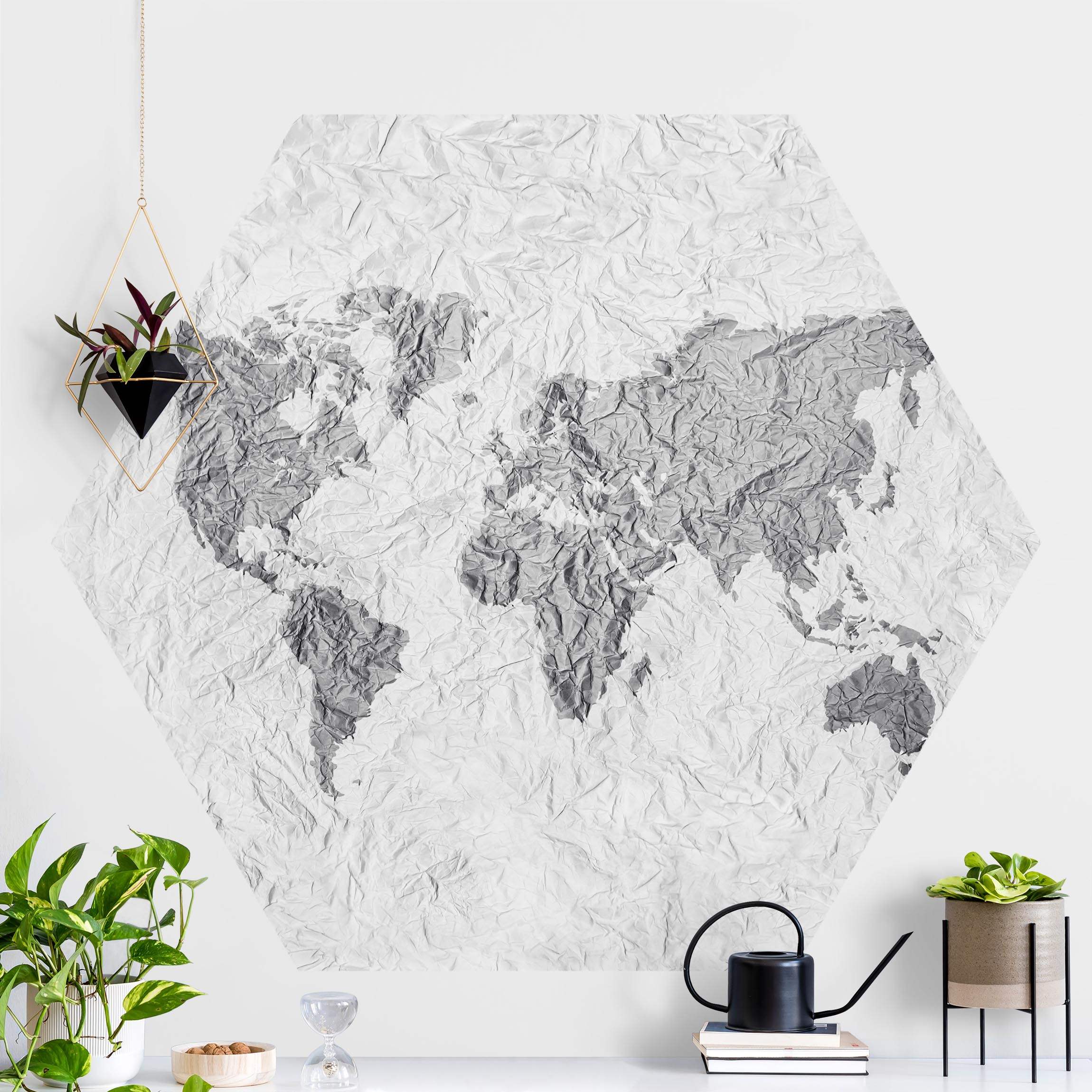 Hexagon Fototapete selbstklebend Papier Weltkarte Weiß Grau