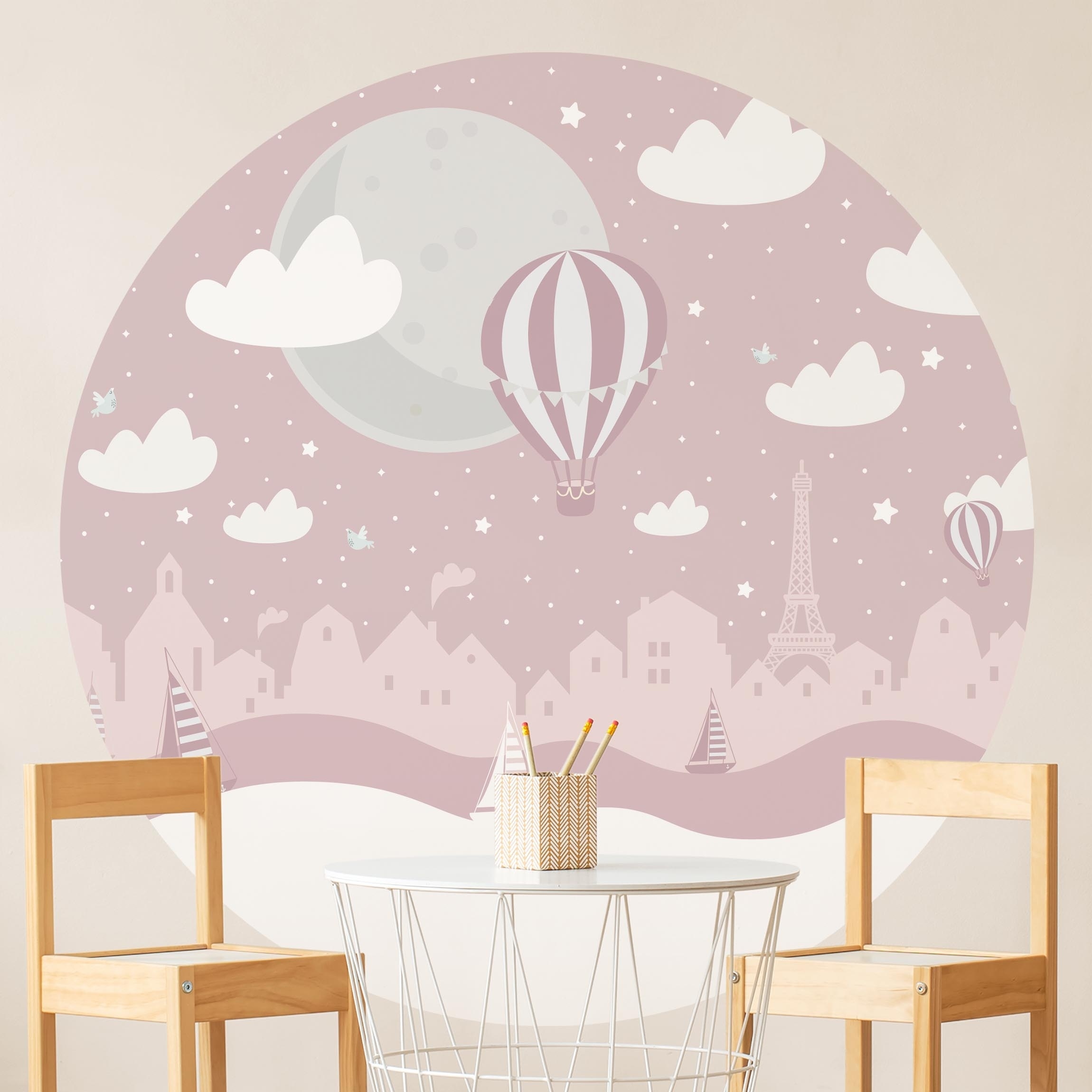 Runde Tapete selbstklebend Paris mit Sternen und Heißluftballon in Rosa