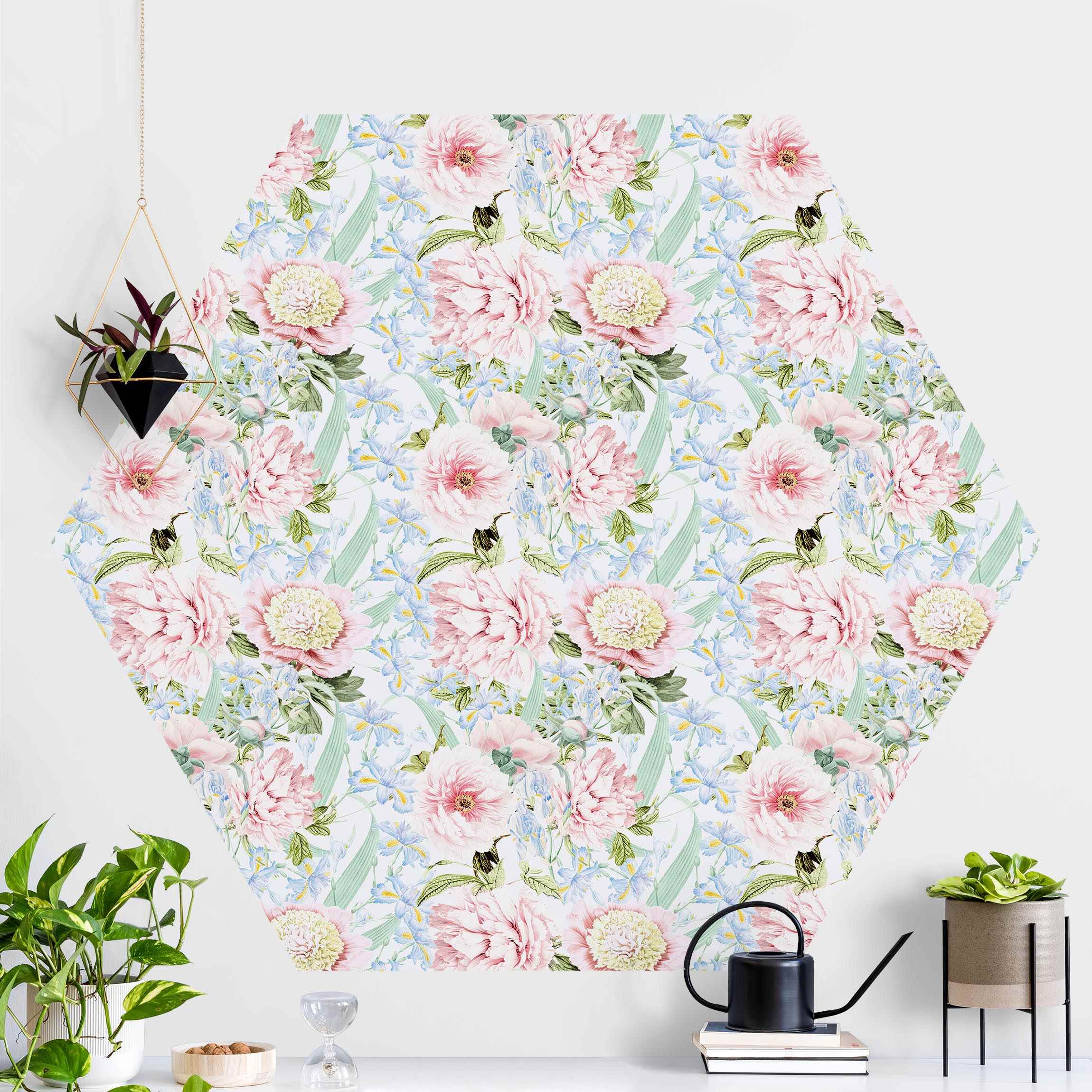 Hexagon Mustertapete Pastell Blumen Rosa Blau