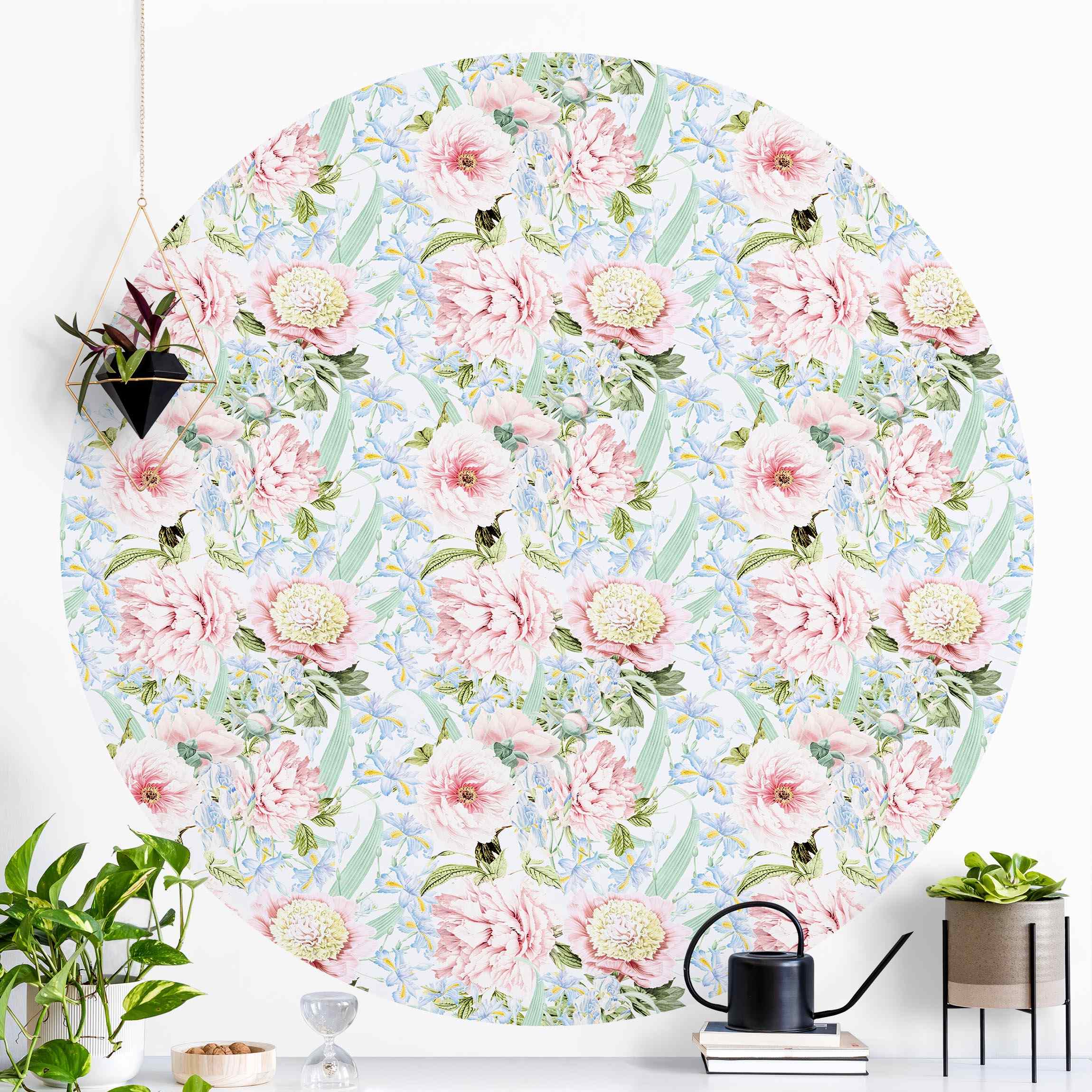 Runde Mustertapete Pastell Blumen Rosa Blau