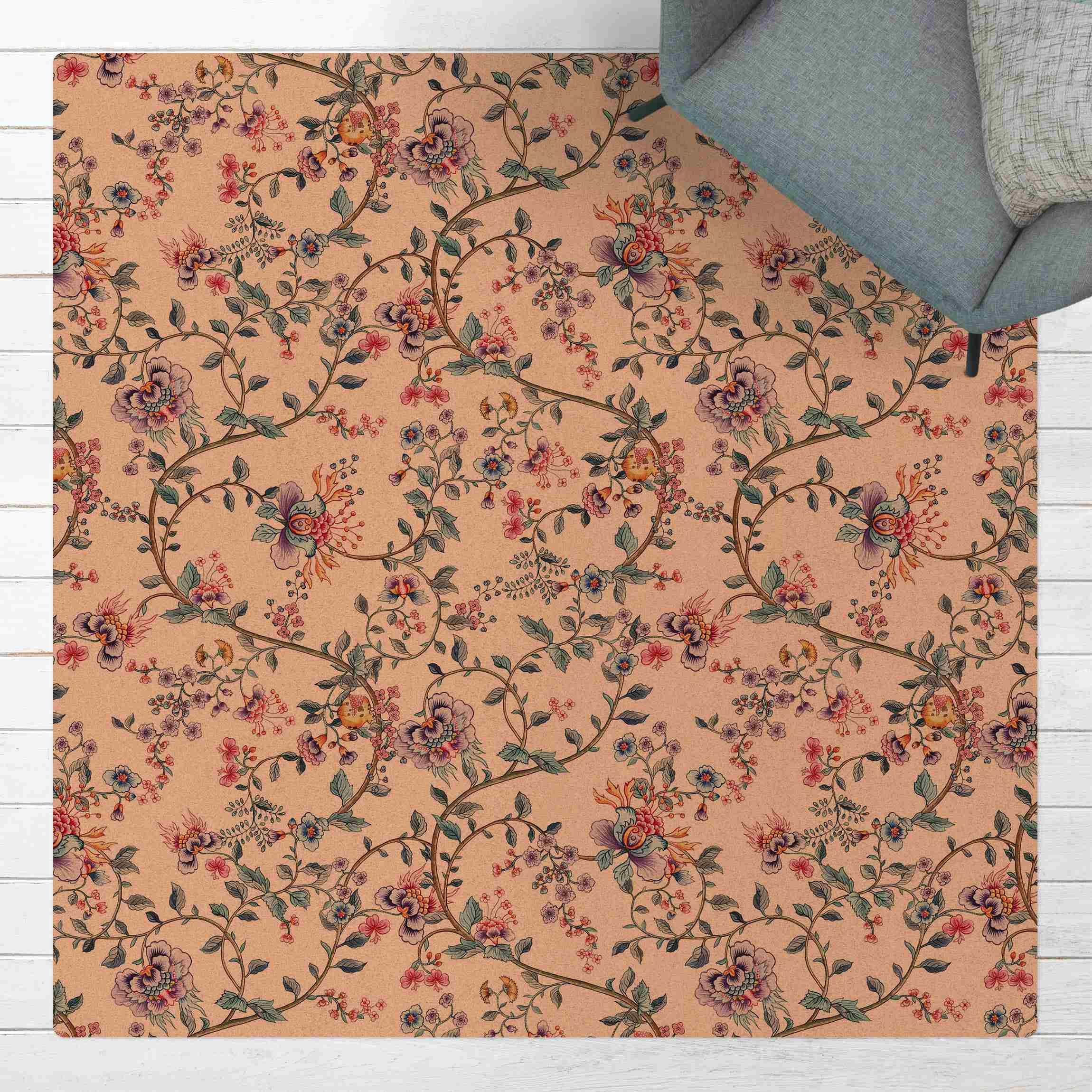 Kork-Teppich Pastell Blumenranken