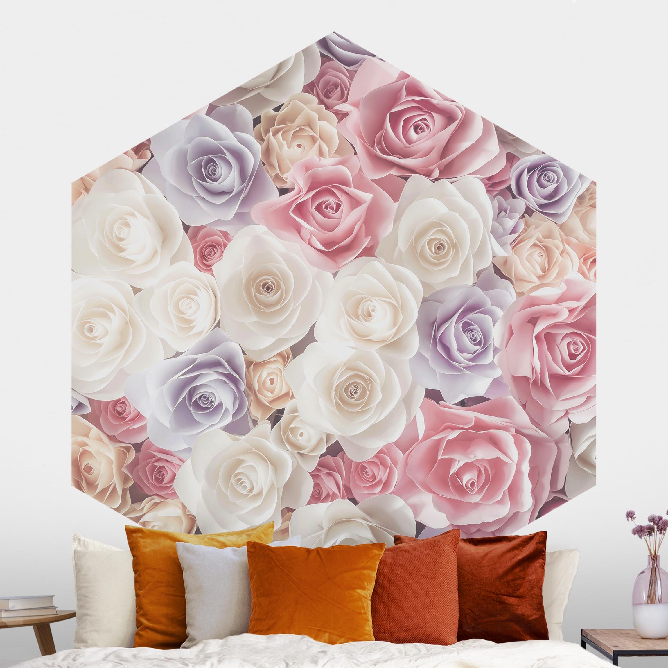 Hexagon Fototapete selbstklebend Pastell Paper Art Rosen