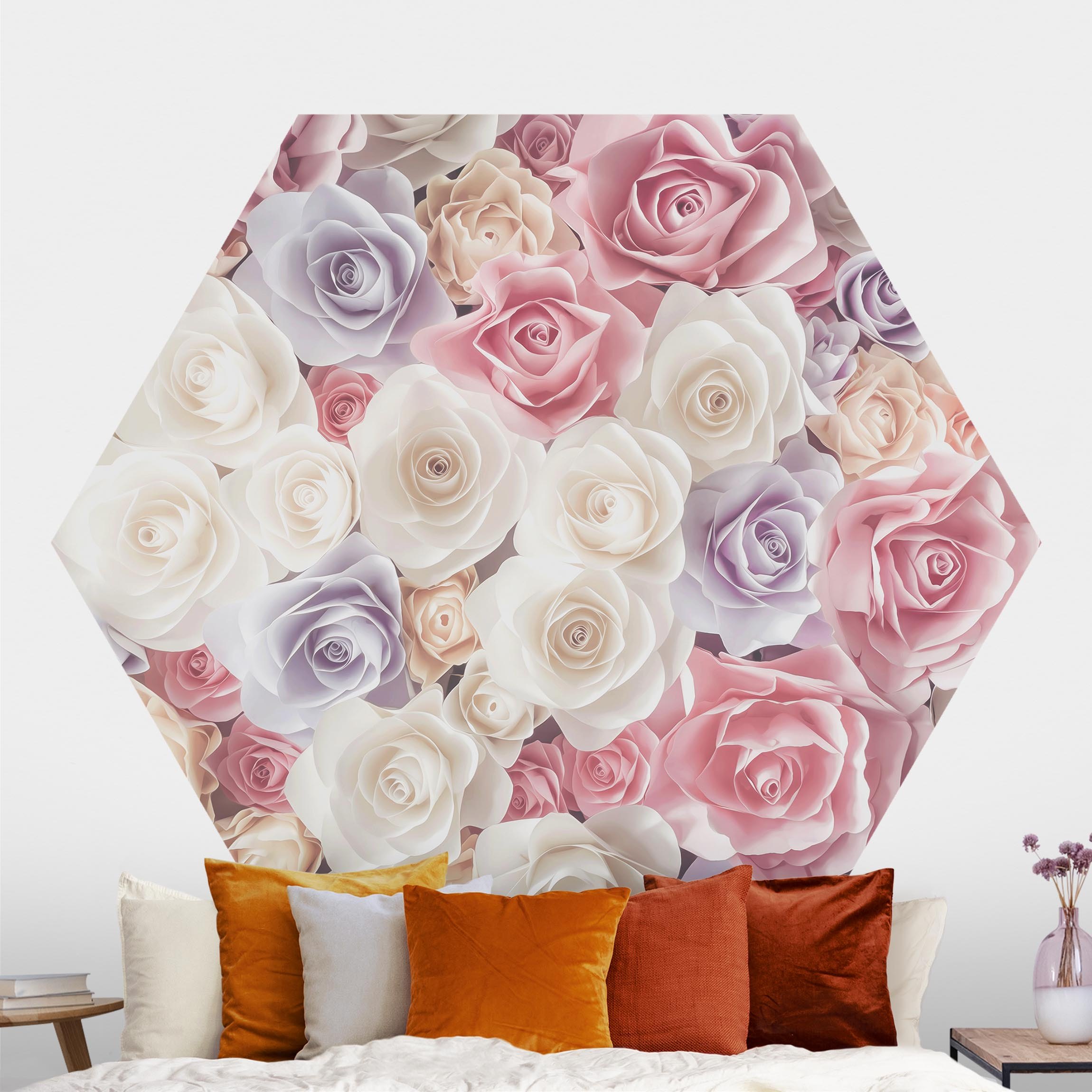 Hexagon Fototapete Pastell Paper Art Rosen