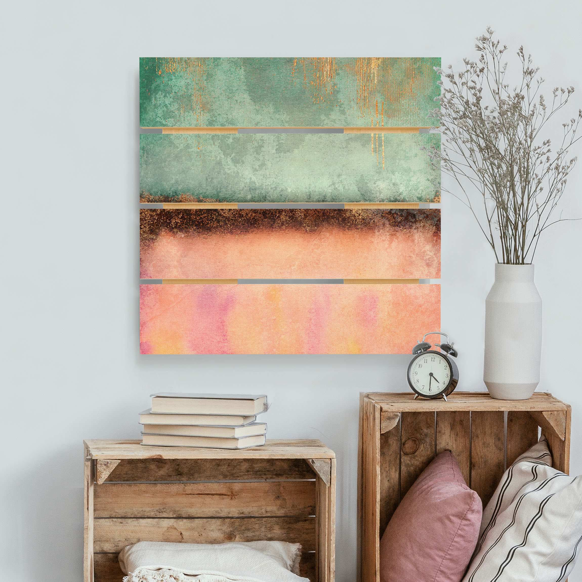 Holzbild Plankenoptik Pastell Sommer mit Gold