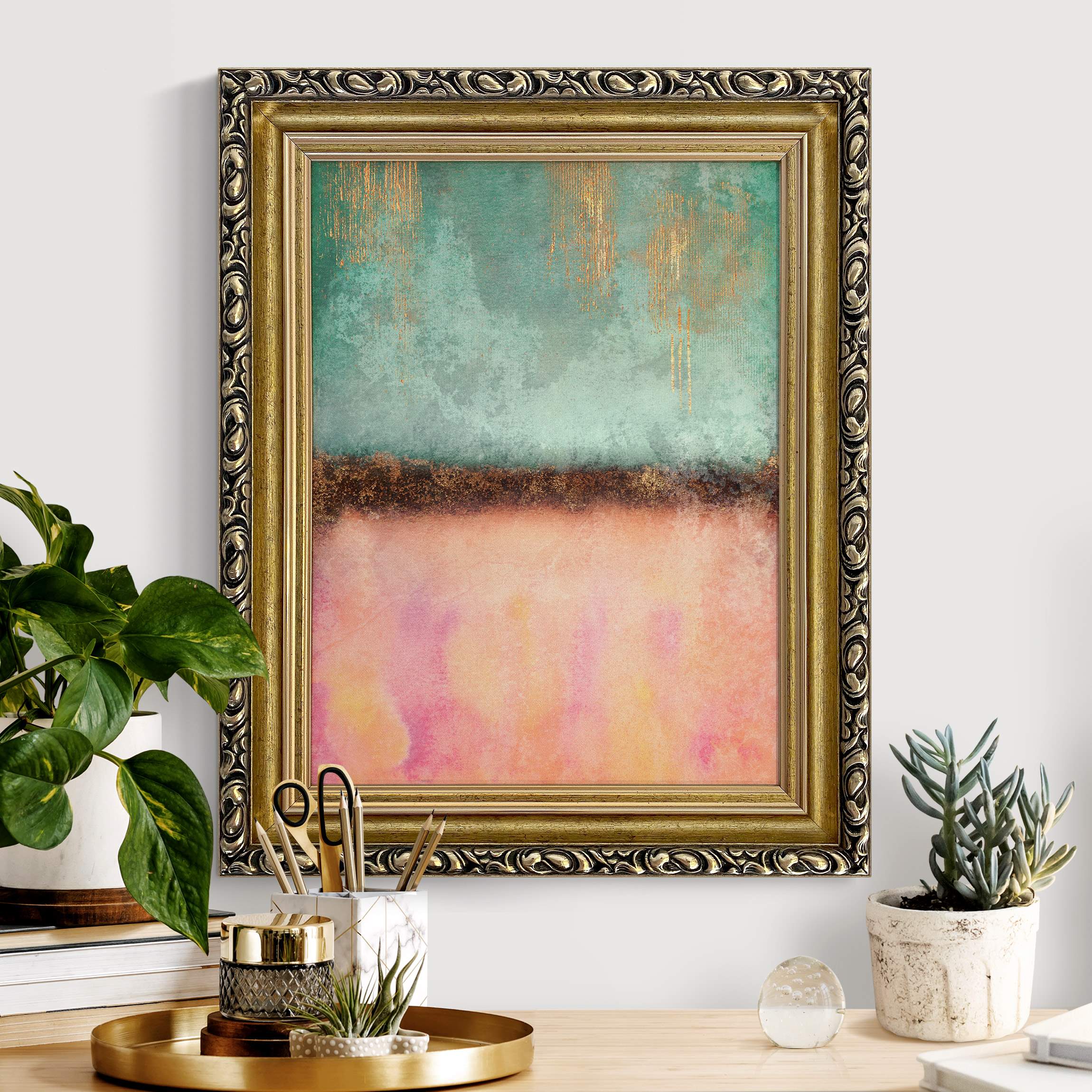 Leinwandbild mit Barockrahmen Pastell Sommer mit Gold