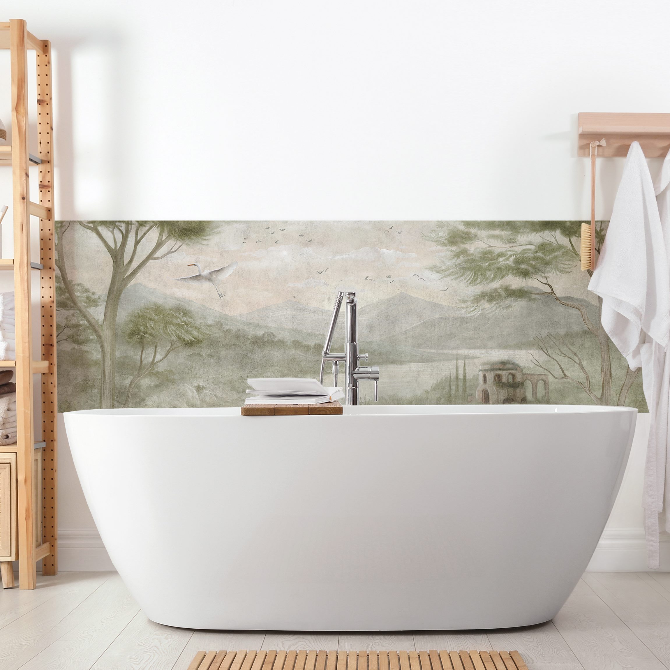 Wandverkleidung Bad Pastellgrüne Landschaft mit Kranich