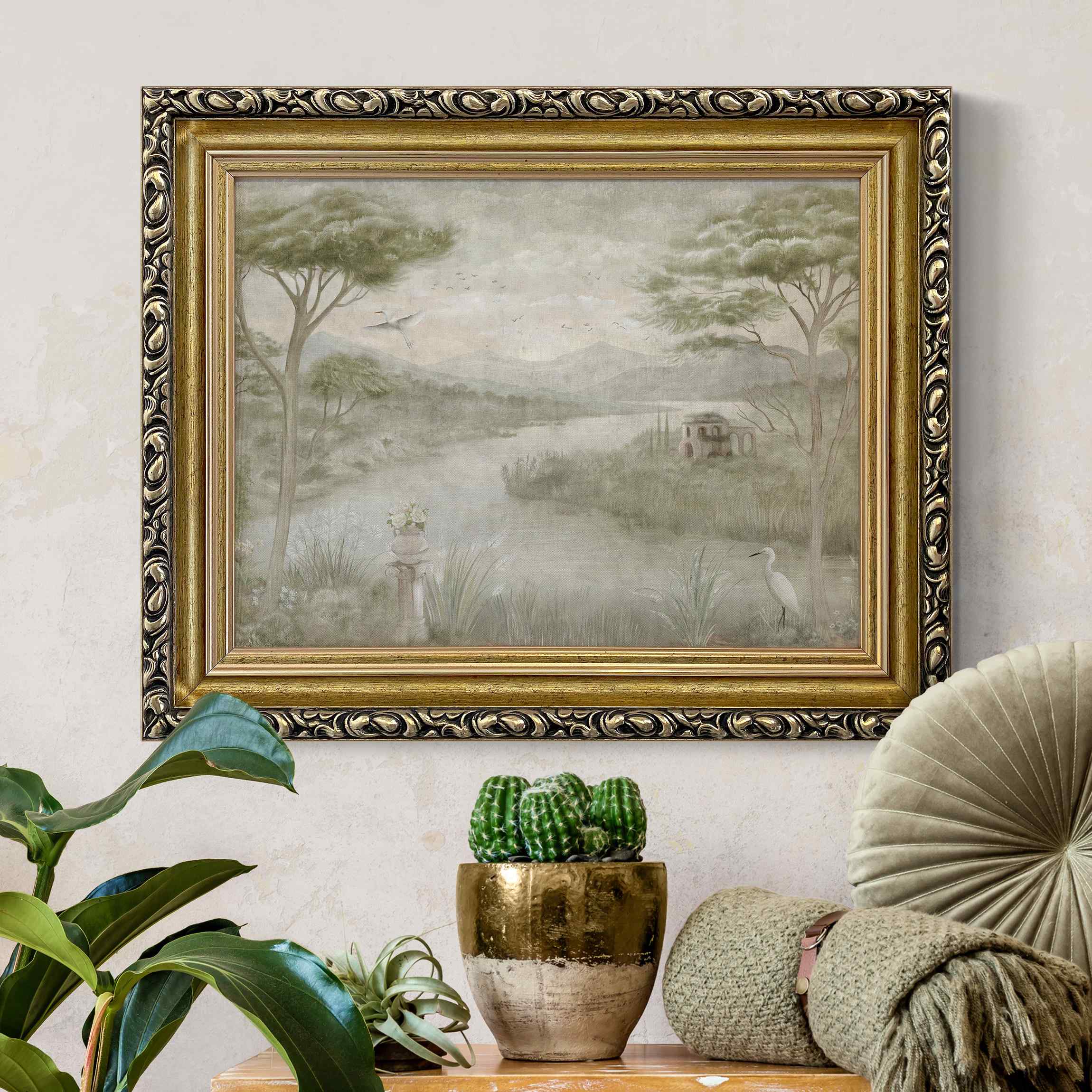 Leinwandbild mit Barockrahmen Pastellgrüne Landschaft mit Kranich