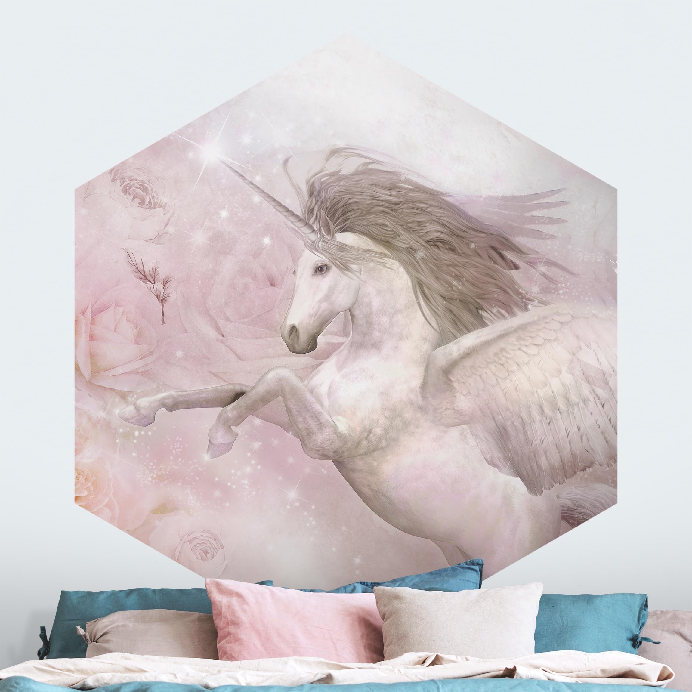 Hexagon Mustertapete Pegasus Einhorn mit Rosen