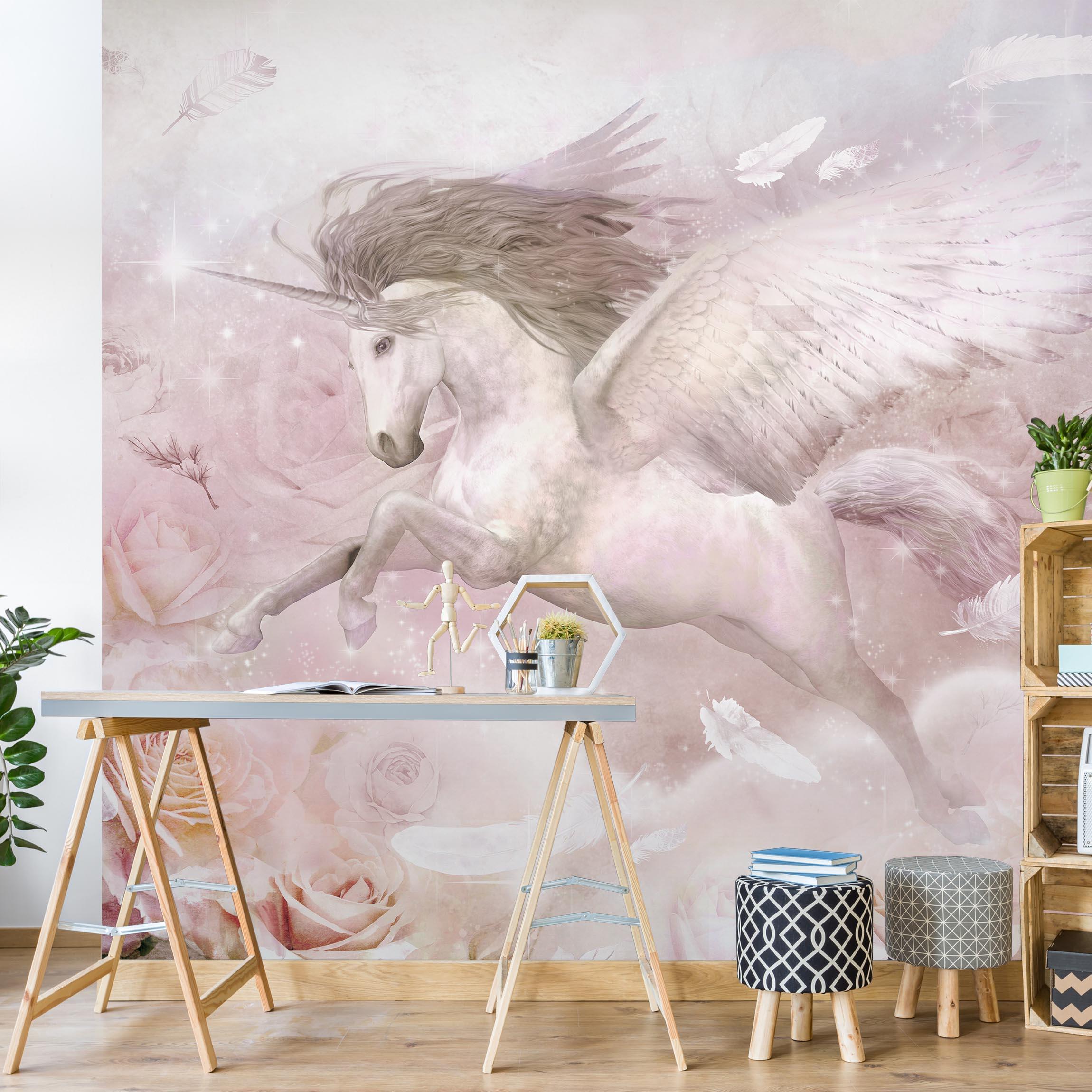 Fototapete Pegasus Einhorn mit Rosen
